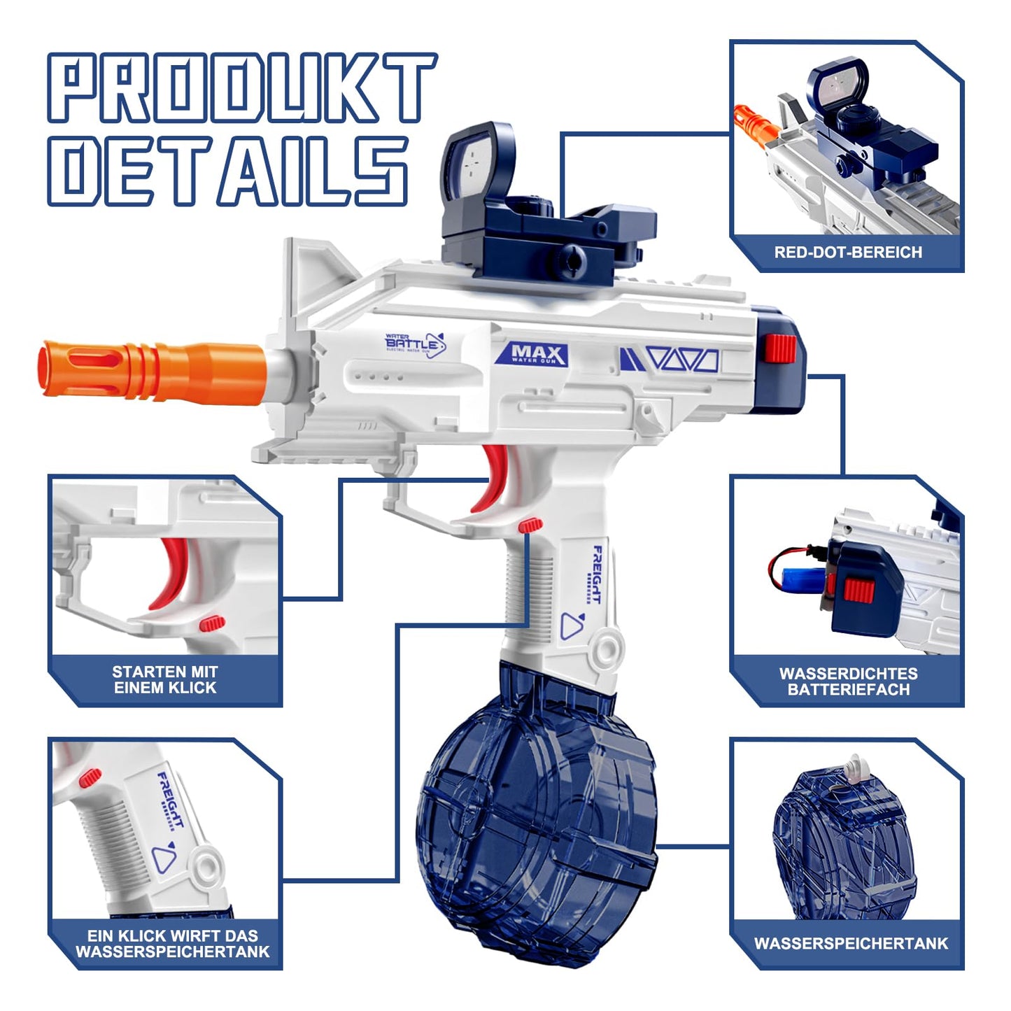 Maxee Electric Water Gun, Uzi-SMG Toy Water Guns, One-Button Automatic Water Sprayer for Kids Adults Summer Pool Party Beach Outdoor
