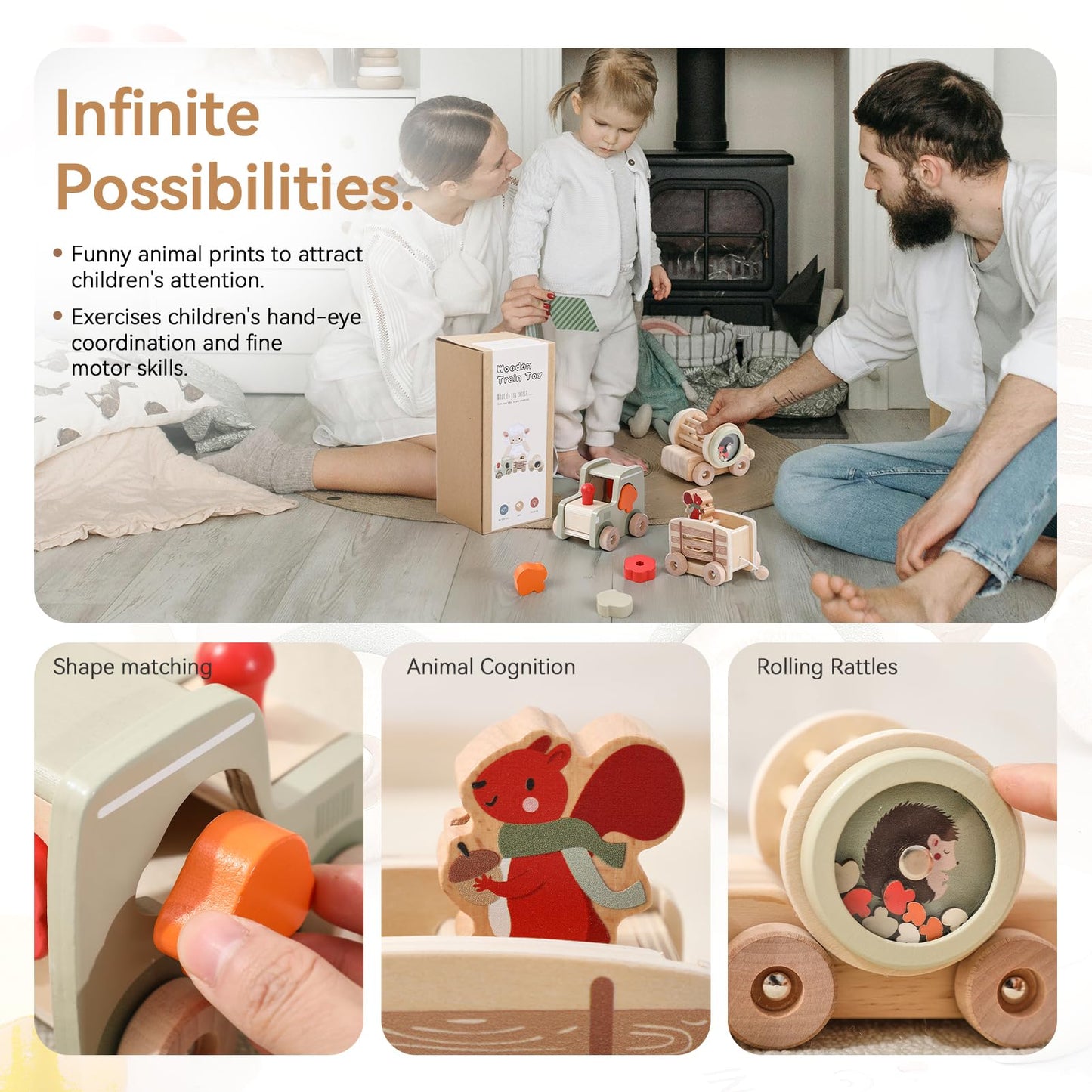 Mamimami Home Combined Train Wood Montessori Toy for Kids wooden train toy set with blocks and rattles Suitable for 1 year old boys girls