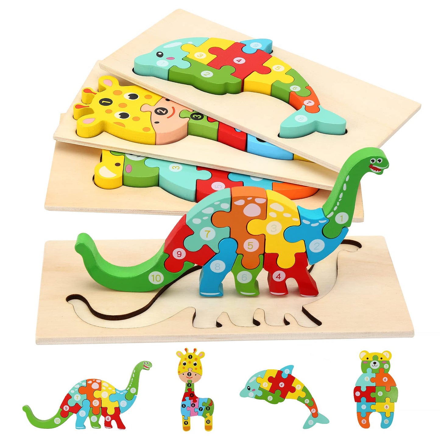Wooden puzzles for toddlers aged 1-3, Montessori toy for kids aged 2+, educational wooden puzzle game, gift for 1 2 3 year old boys and girls - 4-pack