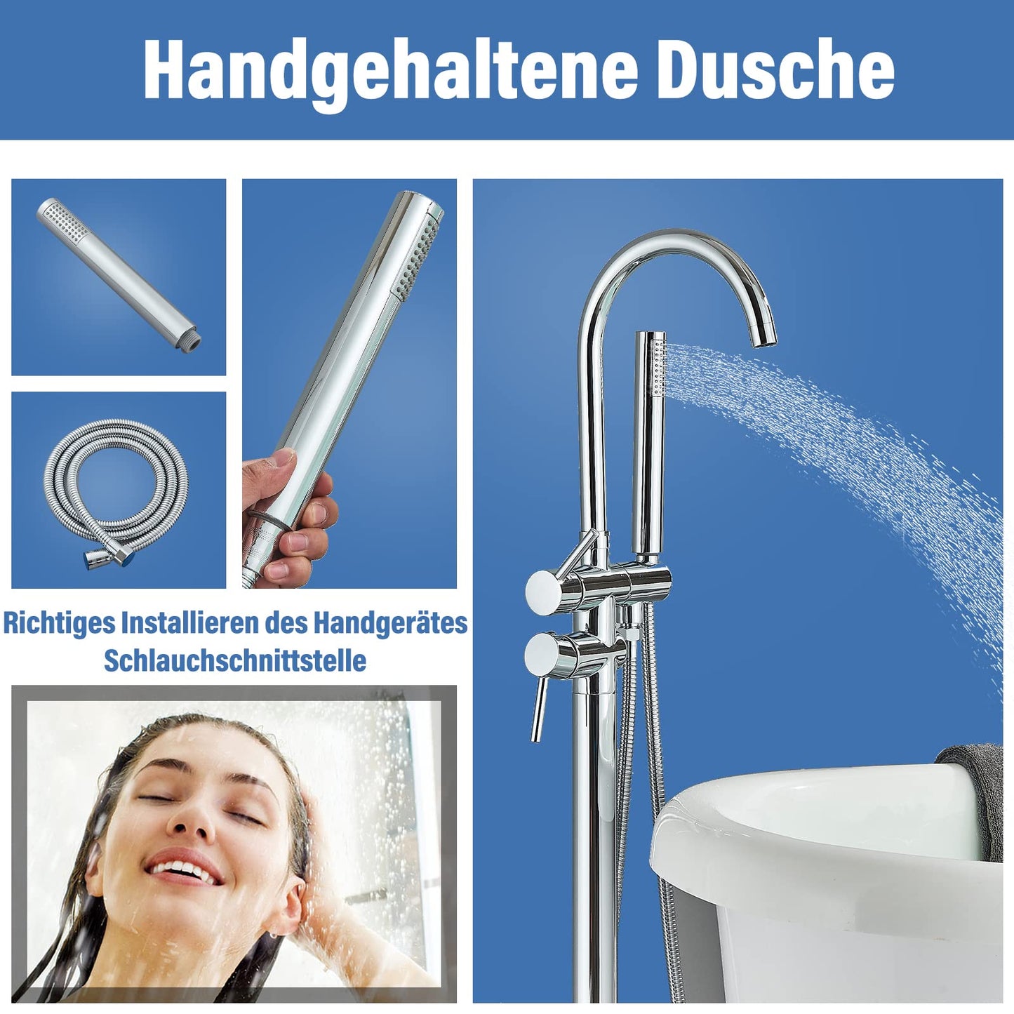 Rozin Free-standing Bathtub Faucet Chrome Floor Mounted Bathtub Faucet 360° Swivel Bathtub Faucet with Hand Shower Bathtub Faucet for Tub