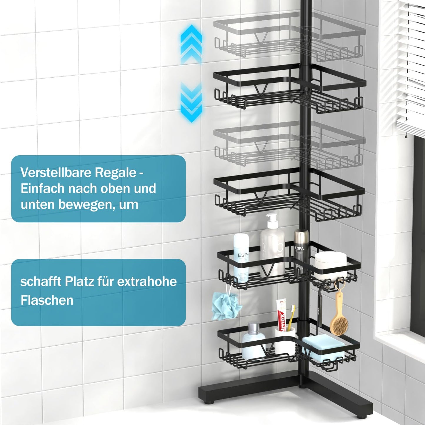 Kegii Telescopic Shower Caddy - Shower Shelf Without Drilling Corner Telescopic Rack Bathroom Corner Shelf Shower Shampoo Holder for Shower Black