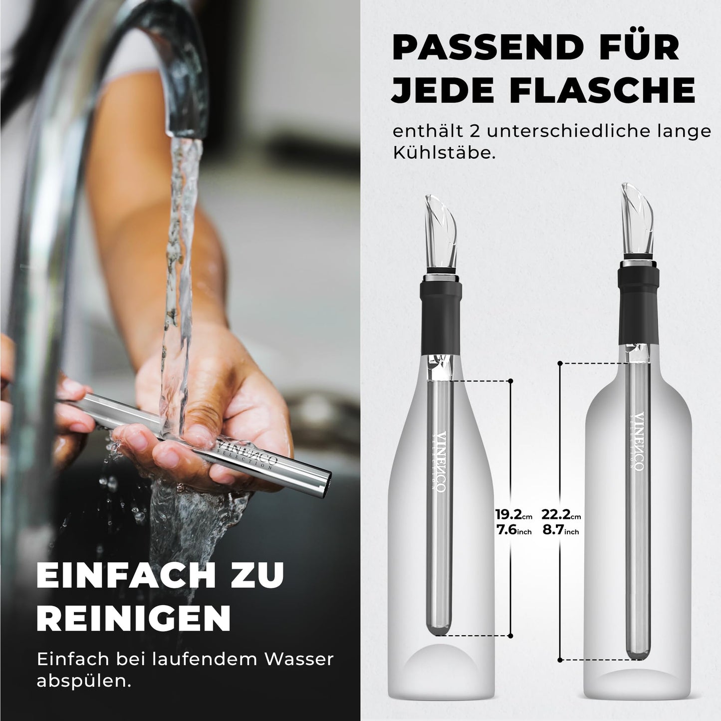 VINENCO Wine Cooler Set THE ORIGINAL, Bottle Cooler + Decanter 7-in-1 Premium Wine Accessories: Stainless Steel Bottle Wine Cooling Rod + Decanter Aerator + Pourer | Bar Gift Women Men, Red- White Wine