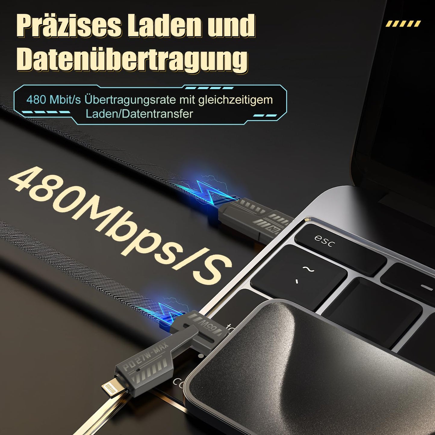 Joywind 3-Pack 4-in-1 USB-C Charging Cable 1m • 65W PD Fast Charging + Data Transfer • Compatible with iPhone 16/15/14, Samsung Galaxy, Google Pixel, CarPlay (Black)