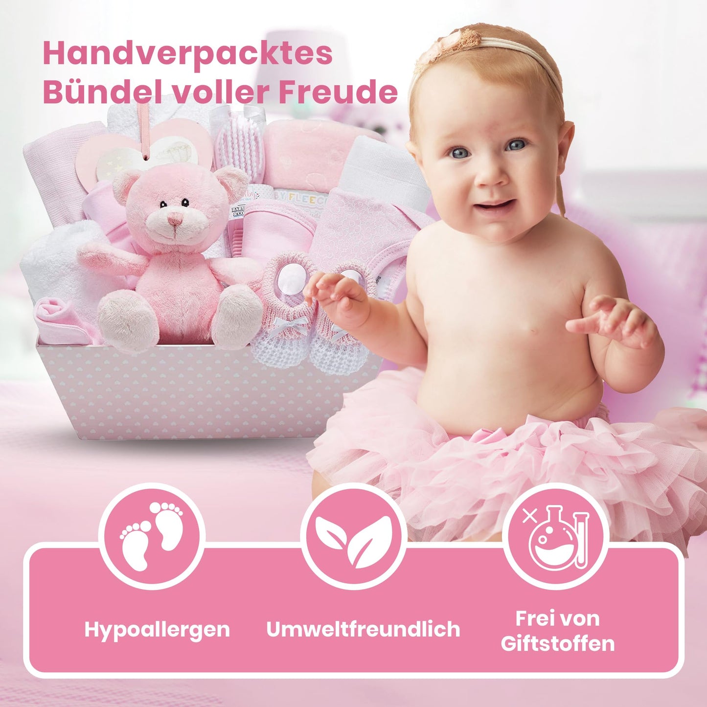 Baby gift set and memory box - Pink, Hand-wrapped gift for baby girl - with teddy bear, baby shoes, onesie, bib, hat, blanket, hooded towel, hanging sign.