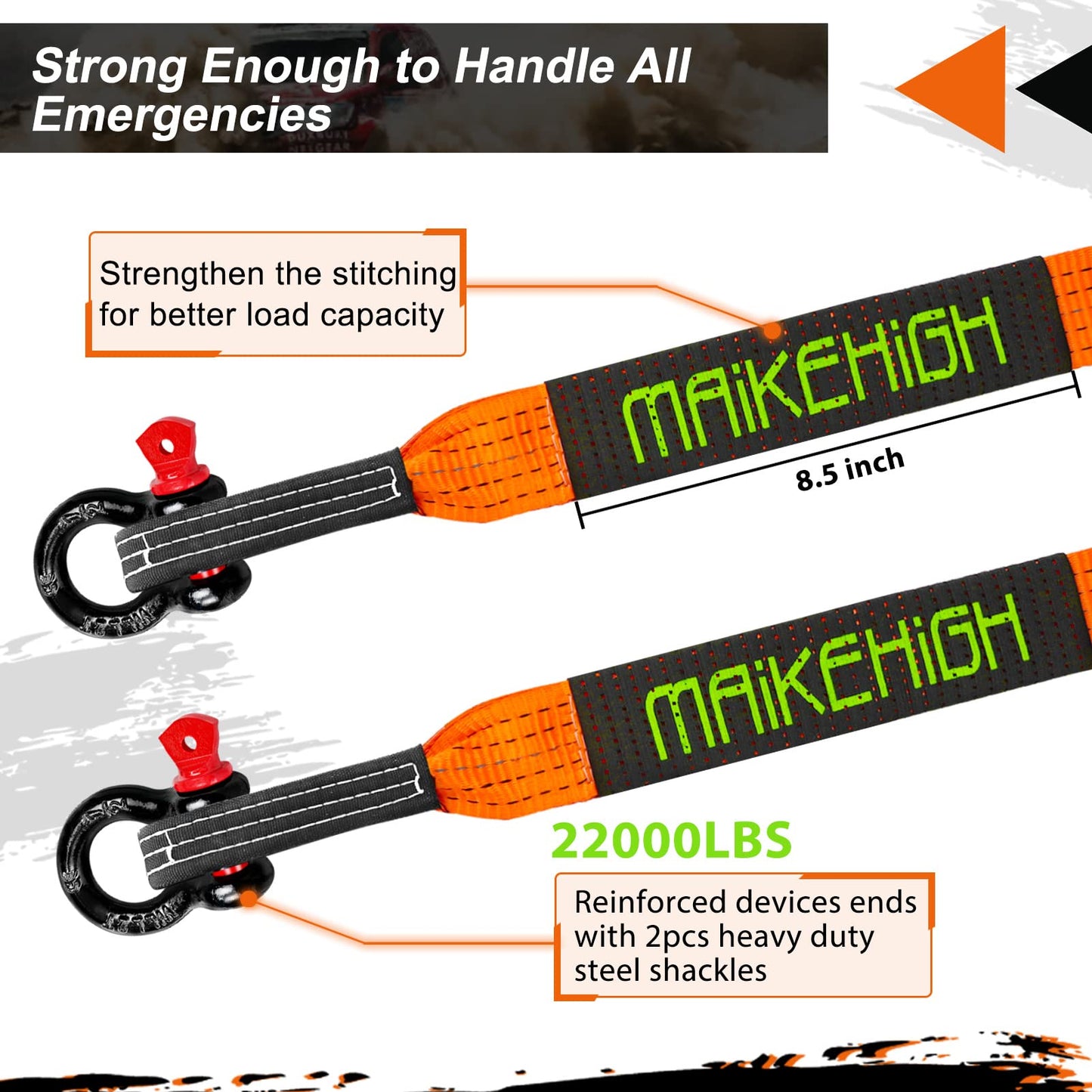 MAIKEHIGH Tow Strap 5M x 5cm, 10 Tonnes (22,000 Lbs) Polyester Tow Rope Kit For Off-Road Recovery With 2 Reinforced Hooks and 2 Gloves.