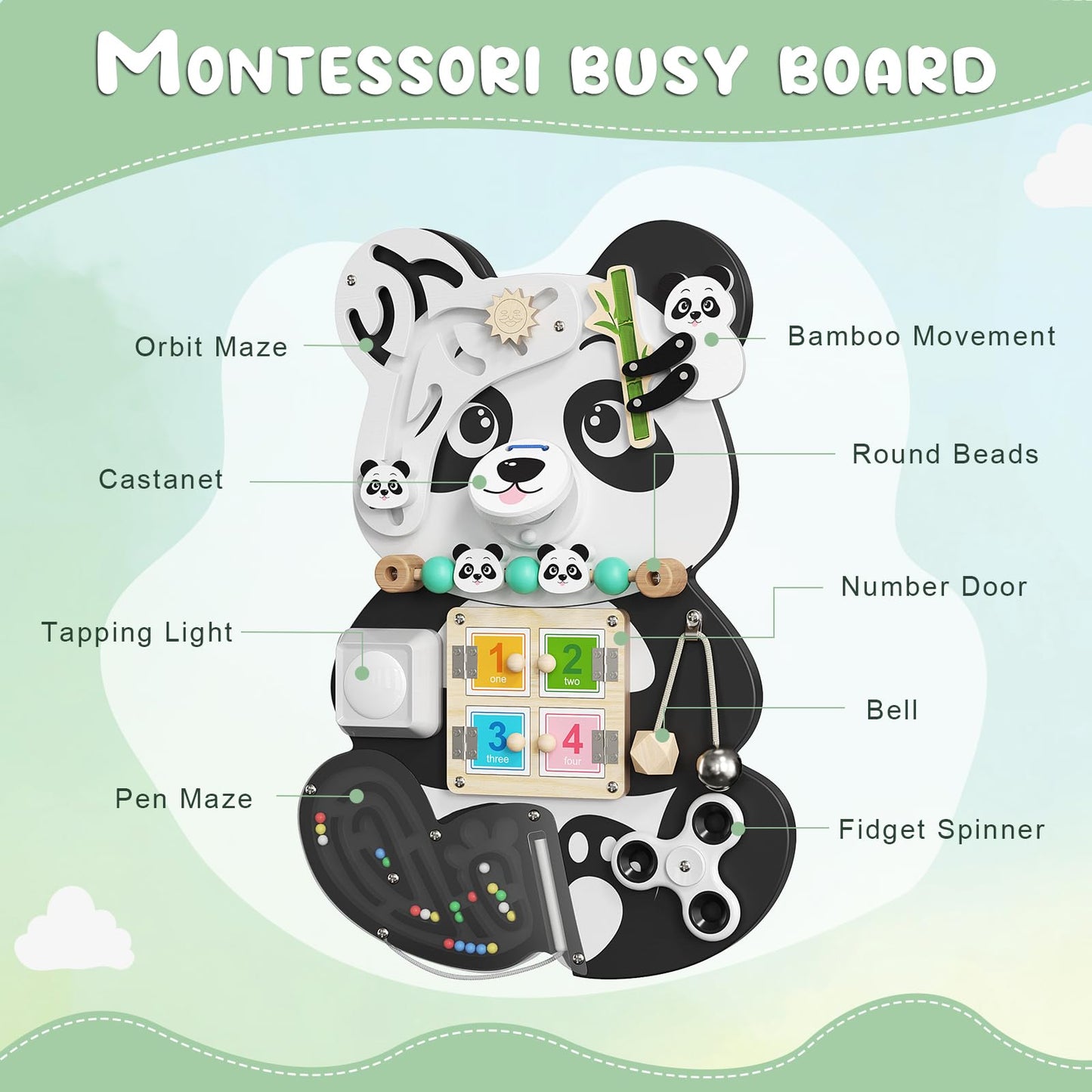 Yontwe Montessori Busy Board, sensory learning board for fine motor skills, handcrafted wooden sensory activity board, early education toy.