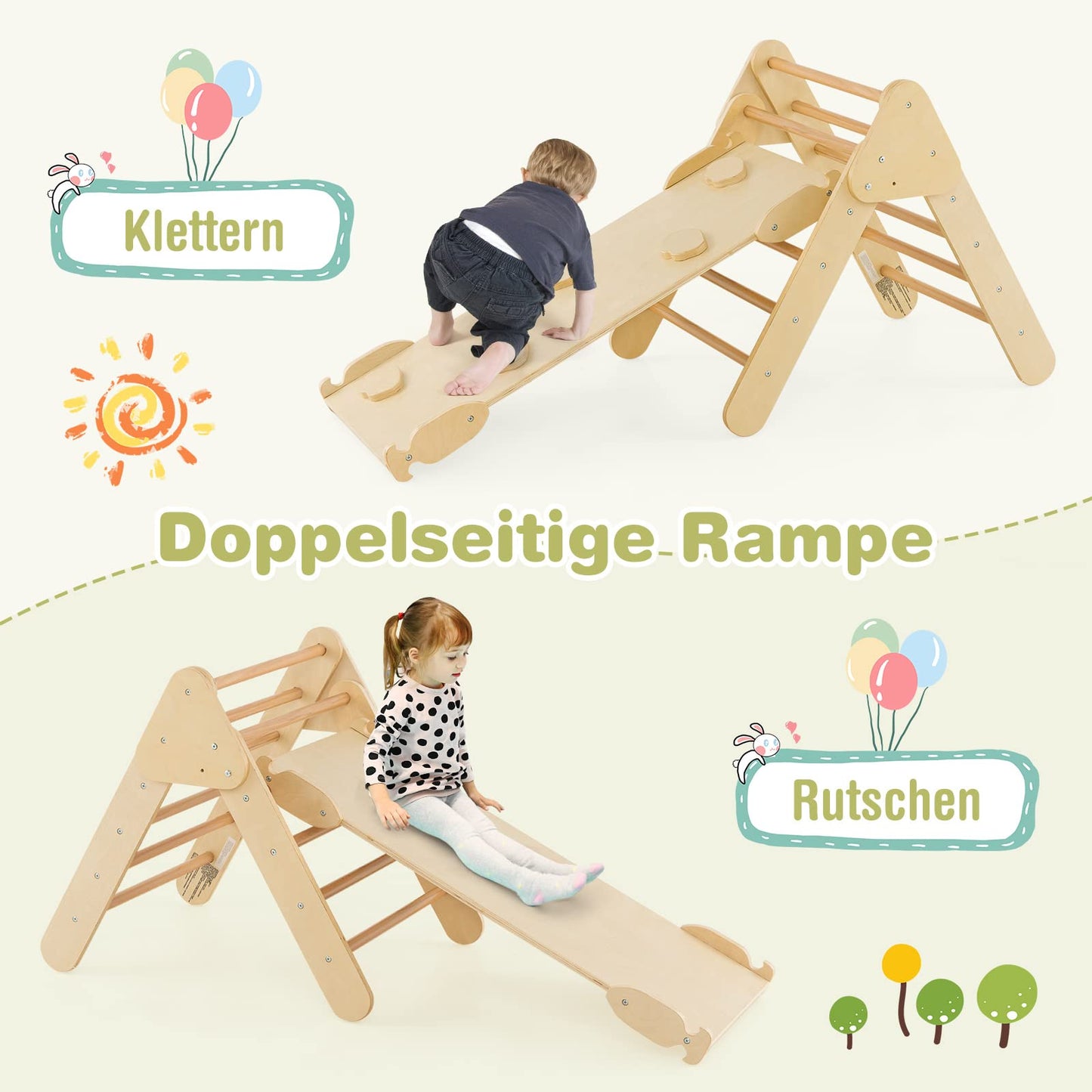 COSTWAY Climbing Triangle with Slide, Climbing Arch, including double-sided ramp, for climbing, sliding, and rocking, 4 in 1 climbing frame Indoor from 1 year (wood color)