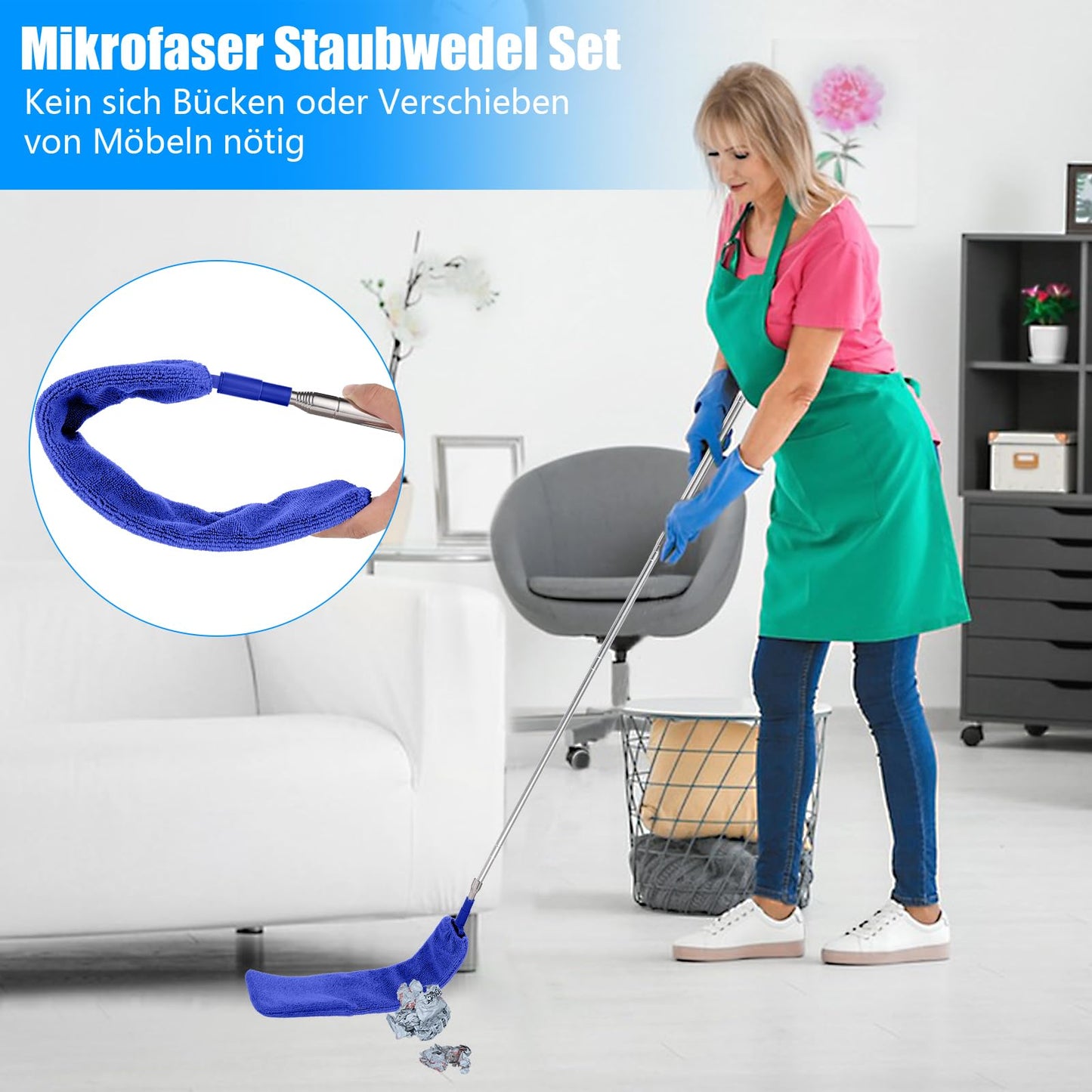 7-piece duster telescopic washable, duster long extendable up to 213cm, cobweb remover with hook microfiber dust mop for high ceilings cobwebs