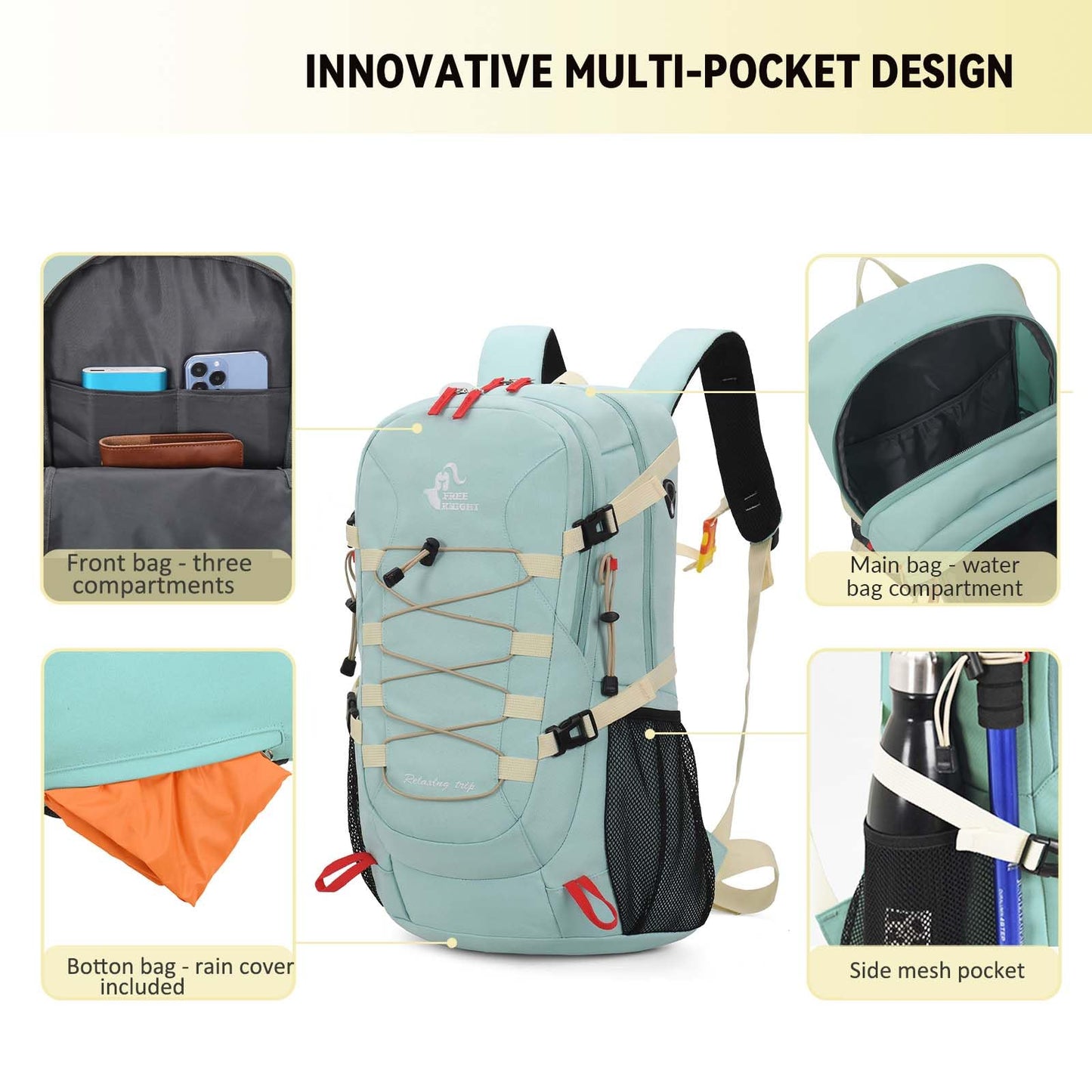Bseash 40L Lightweight Waterproof Hiking Backpack with Rain Cover, Outdoor Sports Travel Daypack Multifunctional Travel Bag for Camping, Climbing, Skiing, Cycling (Black)