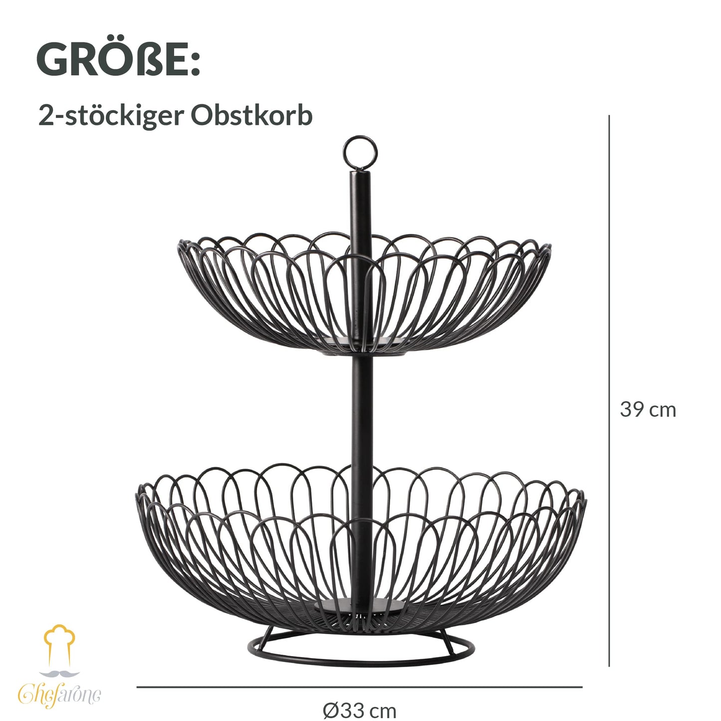 Chefarone® Fruit Stand Large - XL Fruit Bowl 33cm - Black 3-tier Stand - Stylish fruit basket with bowls - Kitchen decor & storage