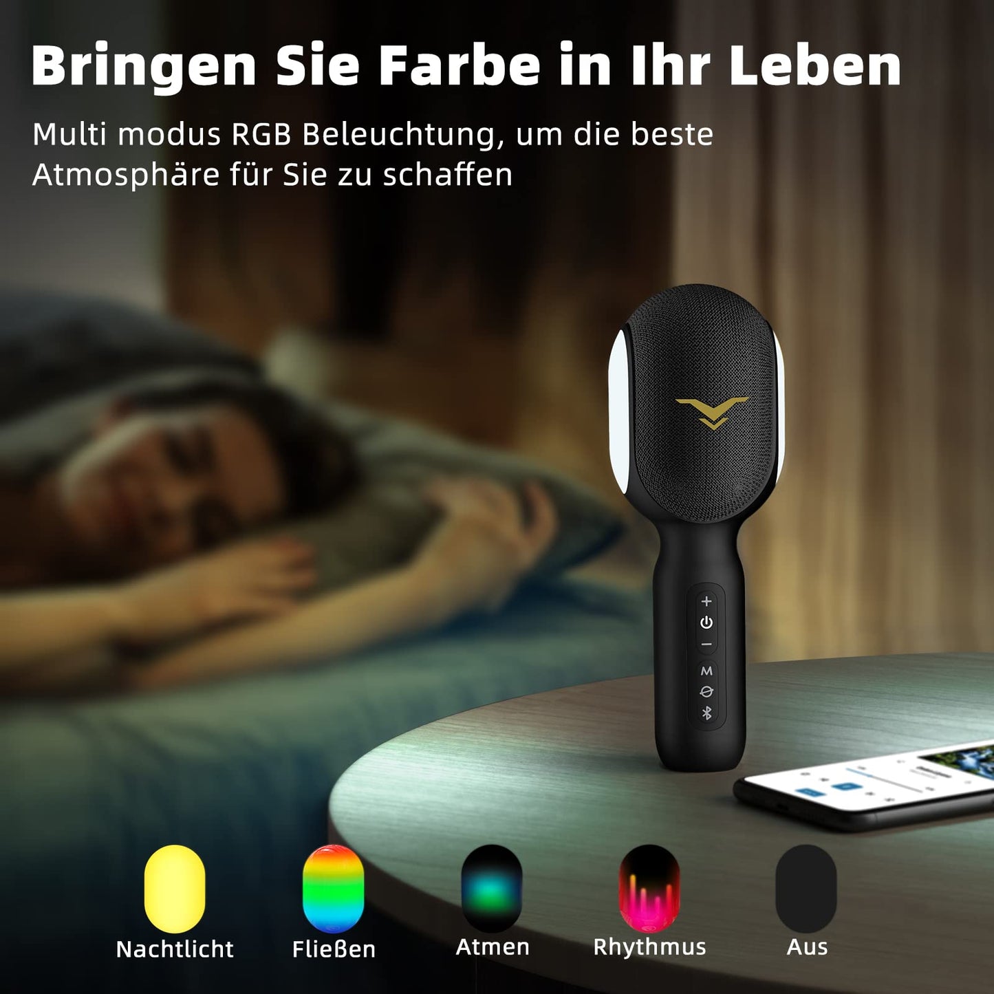 Karaoke microphone, LED wireless Bluetooth microphone, portable karaoke set for kids & adults with music recording, accompaniment mode, home KTV device, compatible with iOS Android FM connection in the car.