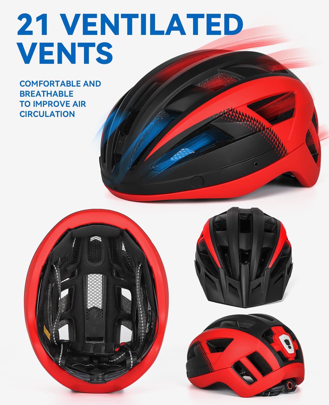FUNWICT bike helmet with visor for men and women, lightweight helmet with magnetic goggles and USB rechargeable LED light, stylish mountain bike helmet (L: 57-61 cm, black red)
