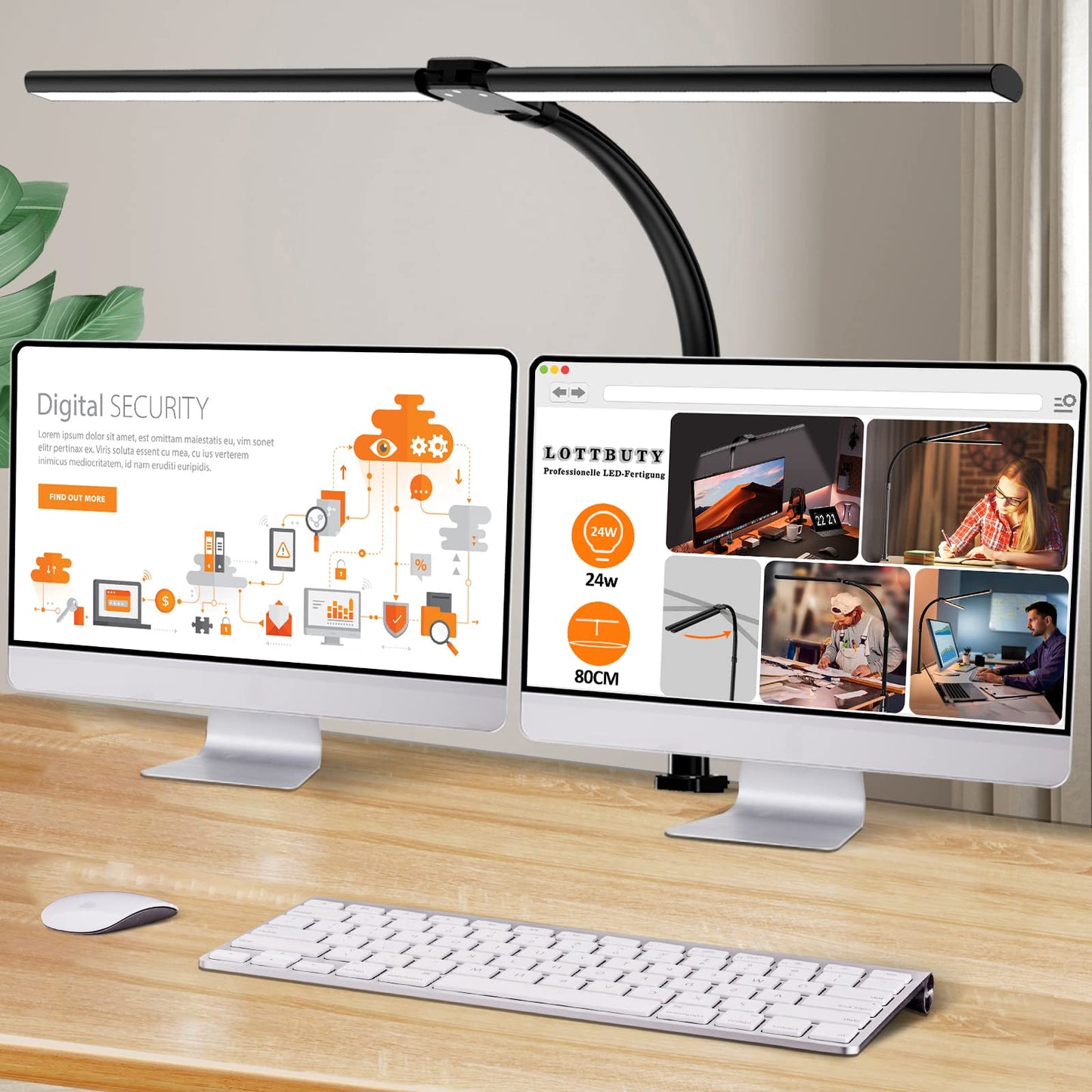 LOTTBUTY Double-headed Desk Lamp LED dimmable, 24W 80CM Home Office Daylight Desk Lamp, Swan Neck Office Table Lamp (Black, Clampable)