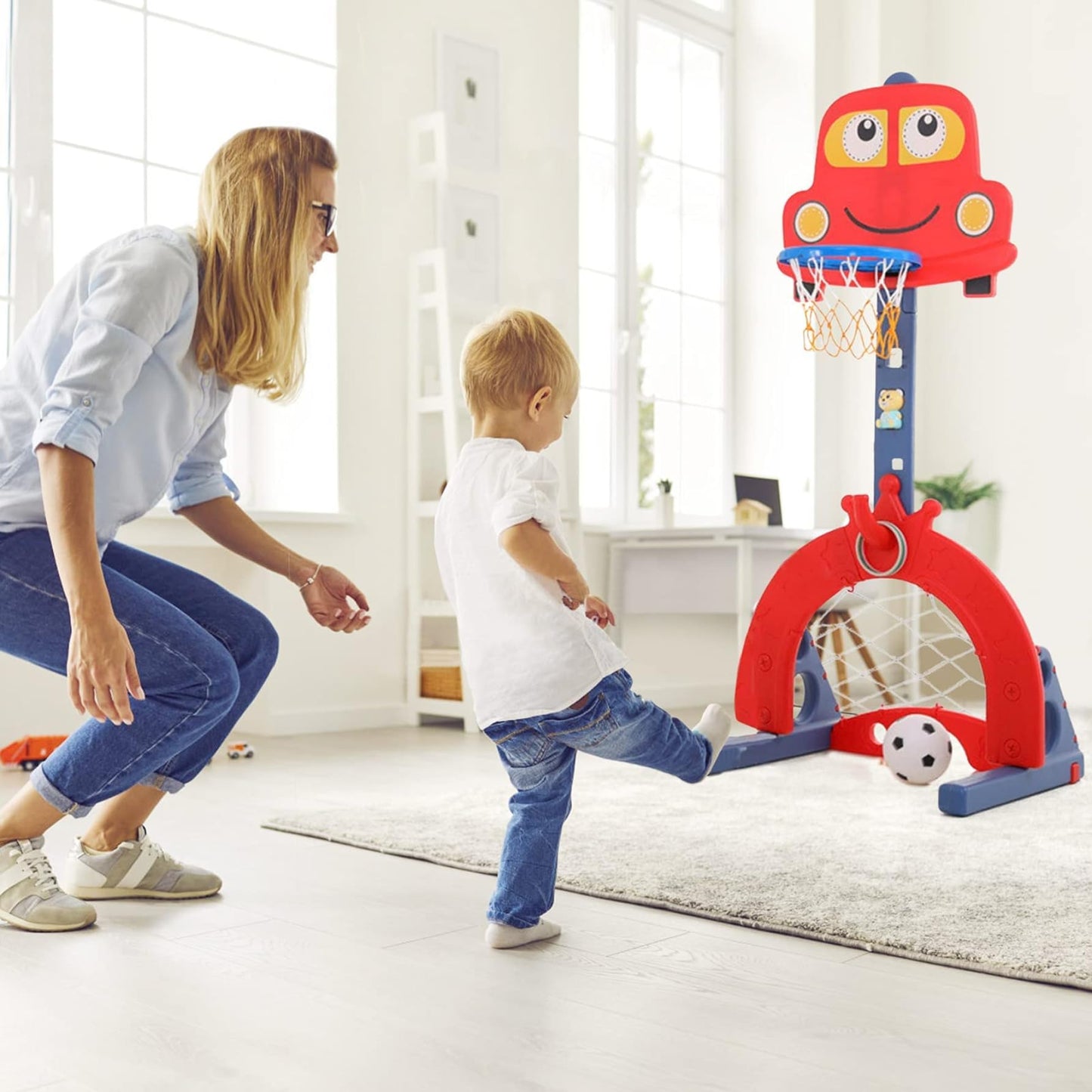 Kids Basketball Hoop Stand, Adjustable Height from 124 to 178 cm. Basketball set with adjustable hoop, soccer goal, and ball games. Interactive learning toy for babies, toddlers (red).