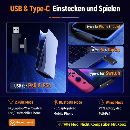 Oceanic OW810 Gaming Headset with 40h battery & play while charging, 2.4GHz+BT(≤30ms), 7.1 Surround Sound Wireless Headset with Microphone for FIFA/CS:GO/Streaming, Compatible with PS5/PS4/Switch/Mac, Crystal White