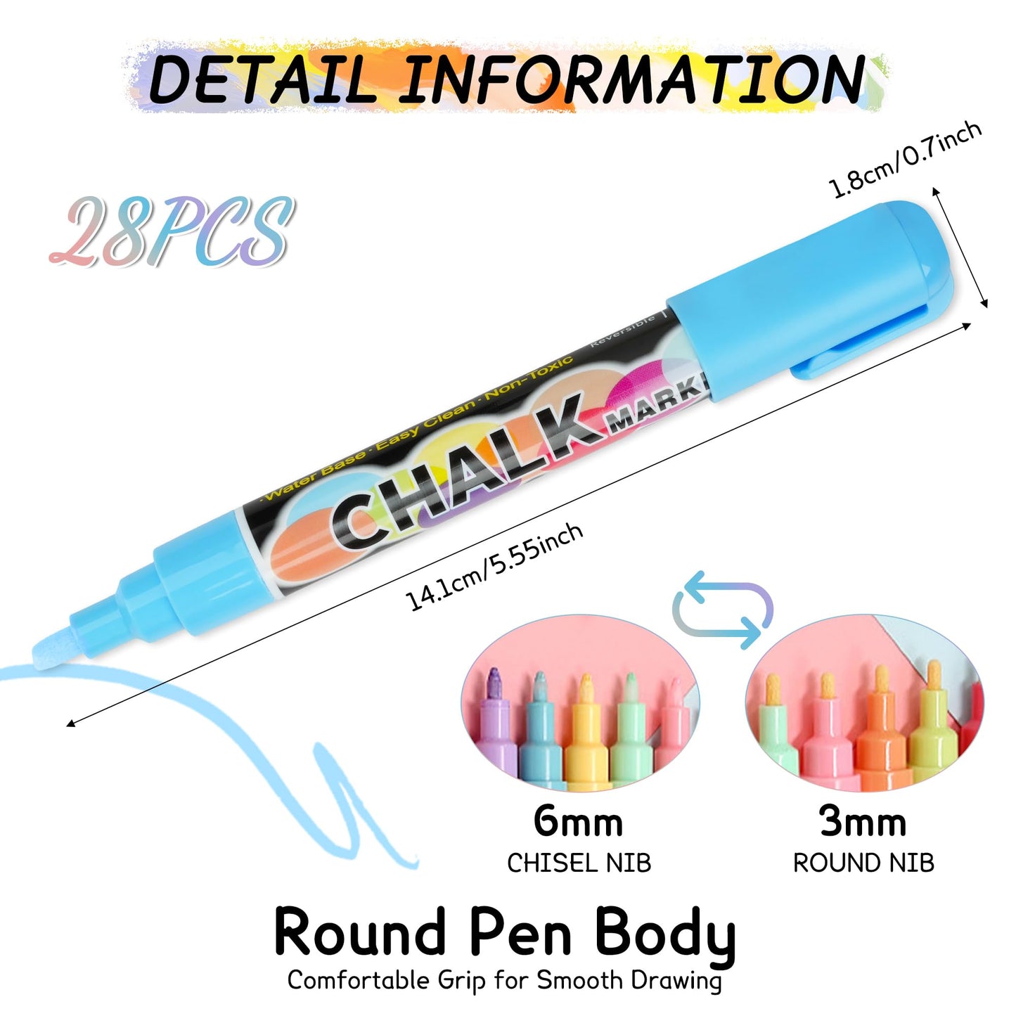 SUPERSUN 28 chalk markers for chalkboard Washable & kids chalk marker window 6mm with reversible tip, Ideal for chalkboard markers, window markers & chalk marker window.