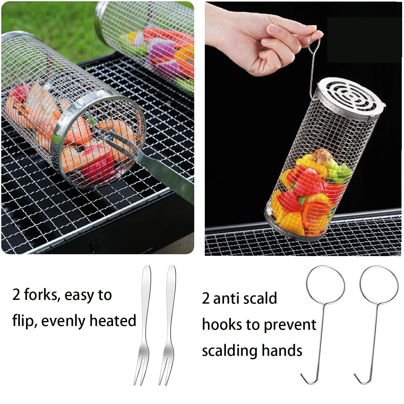 Rolling grill basket, stainless steel grill basket vegetable grilling accessory. 304 stainless steel with detachable wooden handles. Outdoor cooking camping outdoor kitchen grill rack (2 pieces).