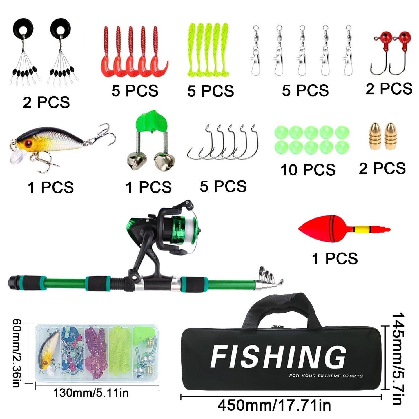 Kids fishing rod set, 1.8m beginner fishing rod for kids with reel and bait set, carbon fiber telescopic rod and reel, fishing gear for kids aged 3-10 (Green)