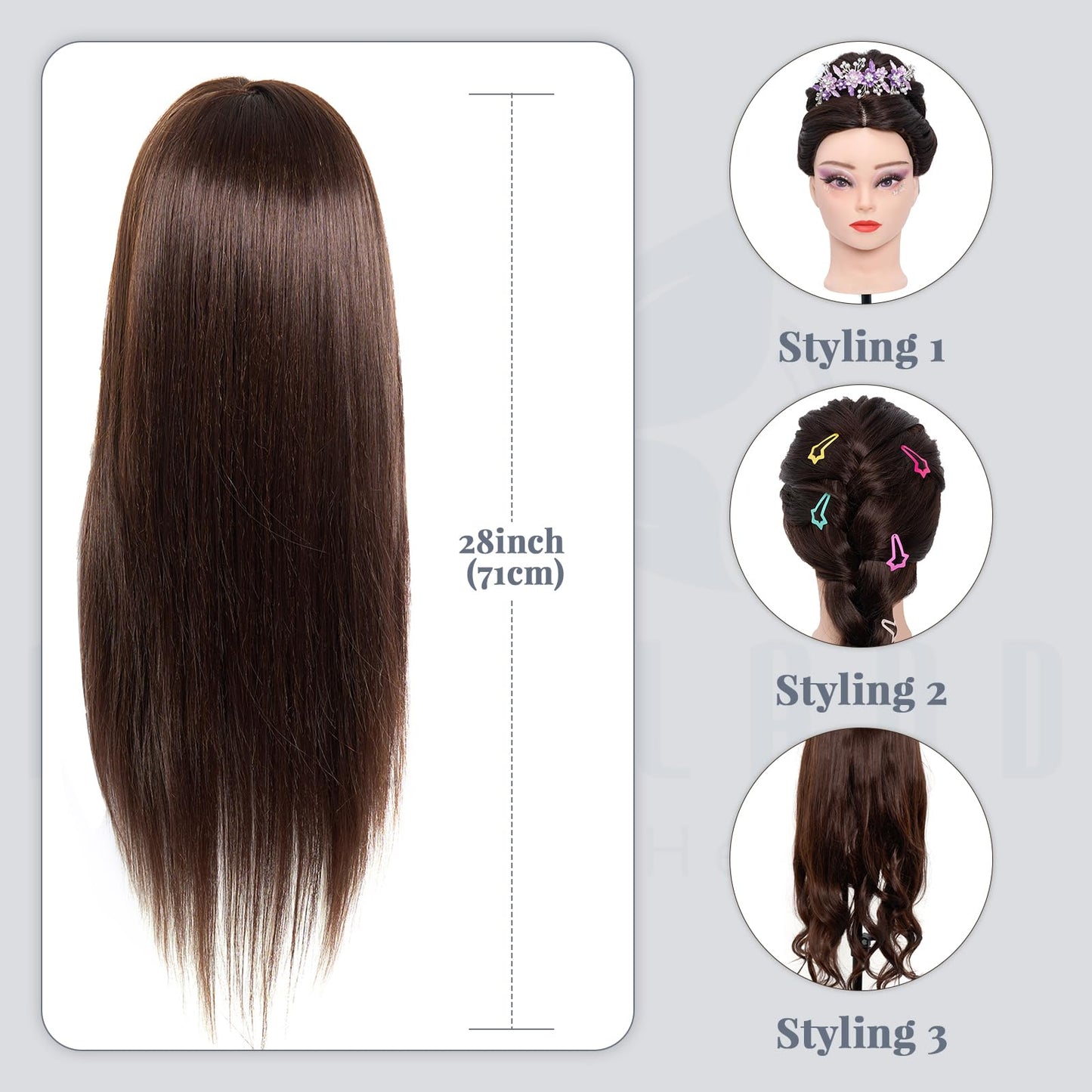 Neverland training head with stand - 71cm, 60% real hair. Perfect for practicing hairstyling and makeup. Comes with table clamp and DIY braid hair set.