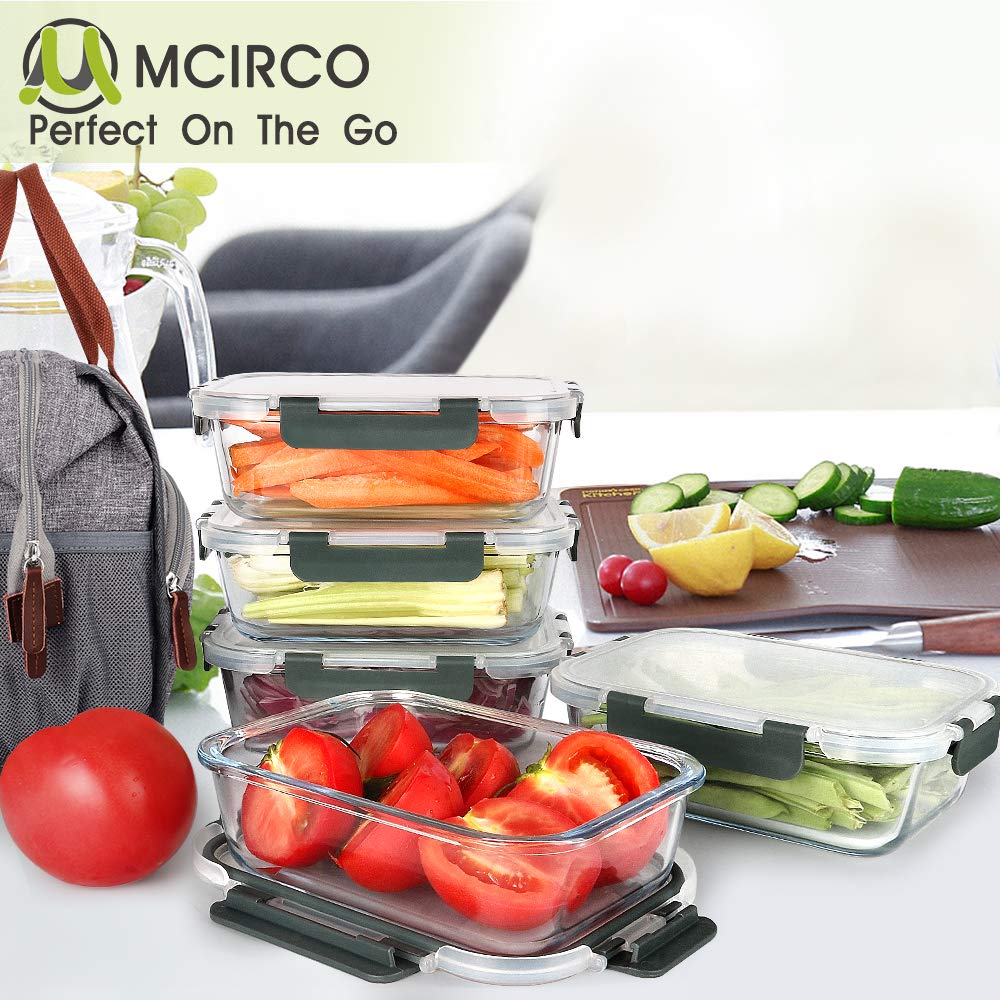 MCIRCO Glass Food Storage Containers 1040ml | Set of 5 Click-It Containers with Lids | Silicone Seal Ring | Glass Containers with Lids | Meal Prep Glass