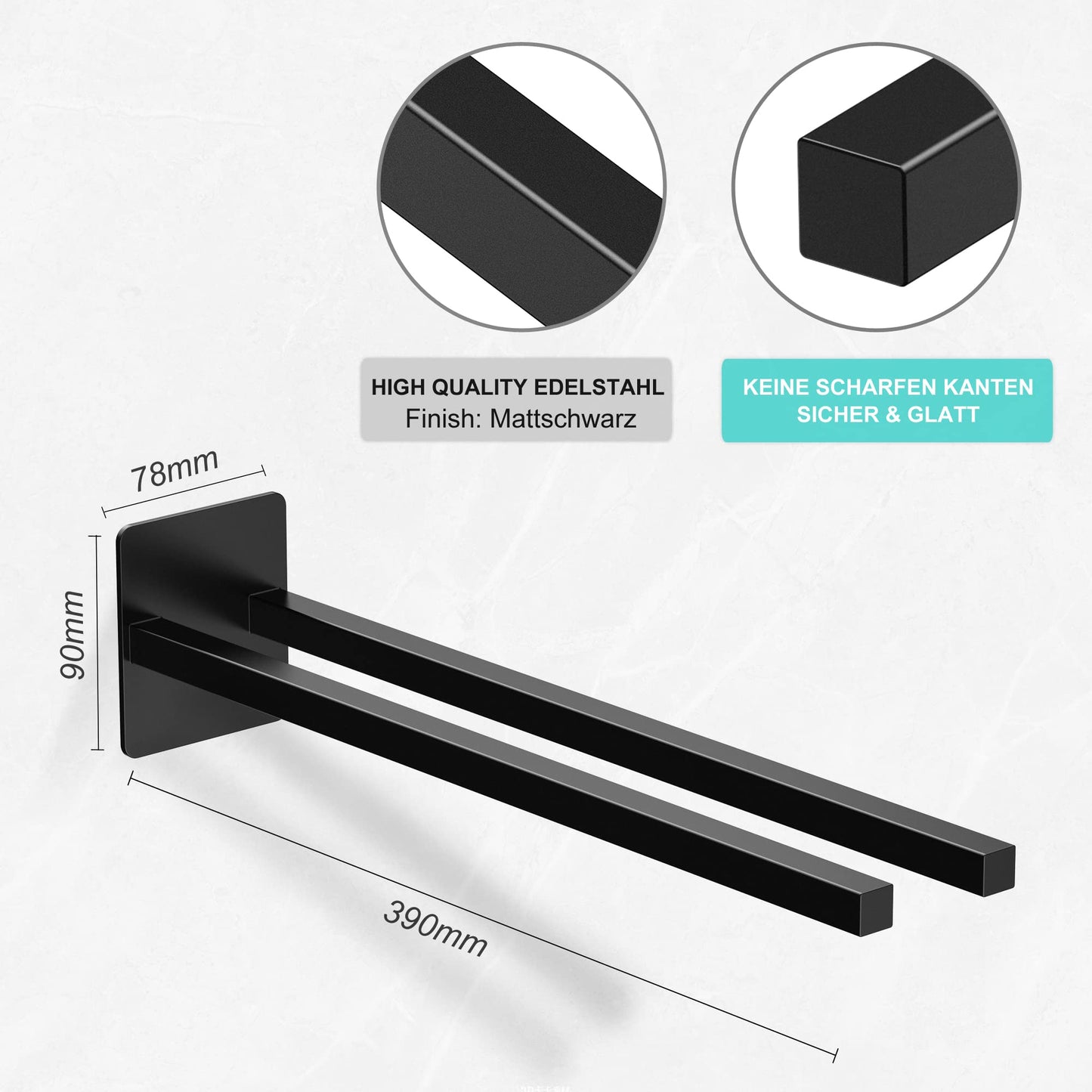 Towel Holder Without Drilling Double Armed, Stainless Steel Towel Bar Self-Adhesive, Double Towel Rack 39cm for Bathroom, Black