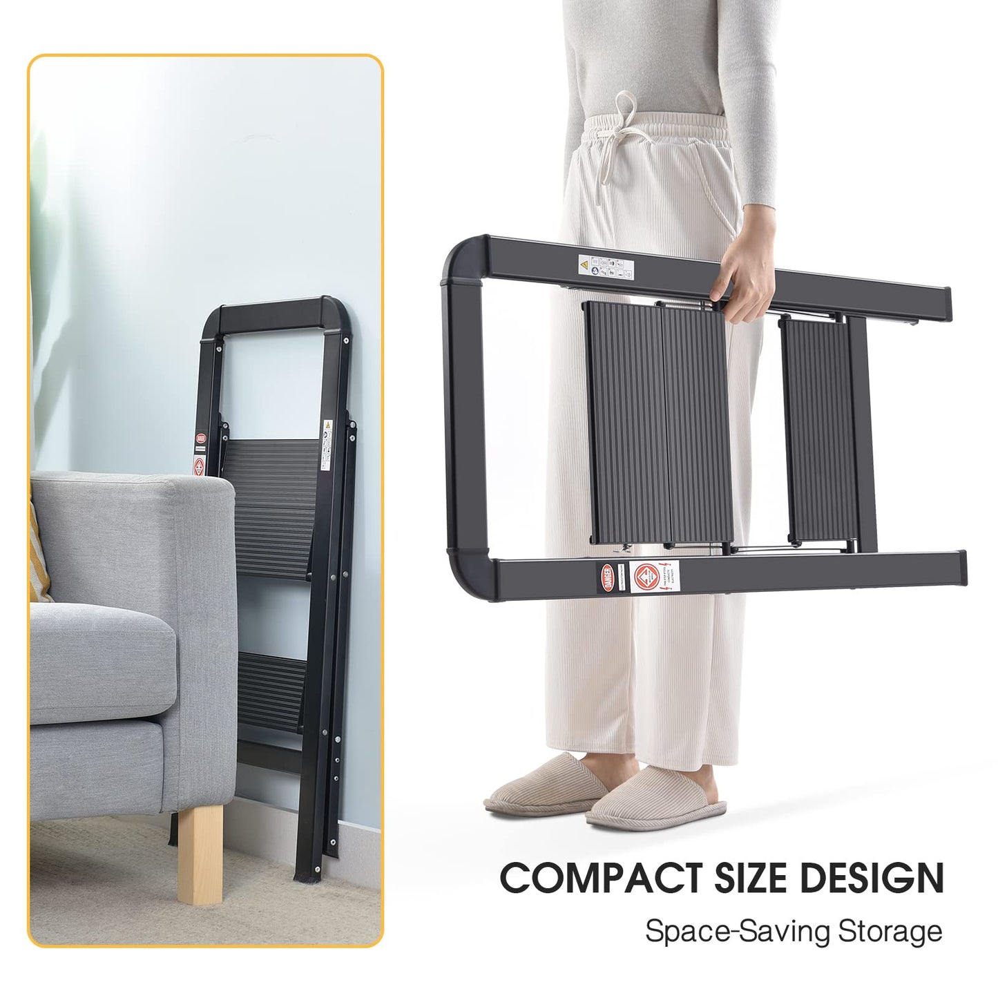 KINGRACK 2-Step Aluminum Ladder, Foldable Step Ladder with Handrail, Non-Slip Household Ladder with Folding Lock, Load Capacity up to 150 kg, for Home, Office, Garden, Black