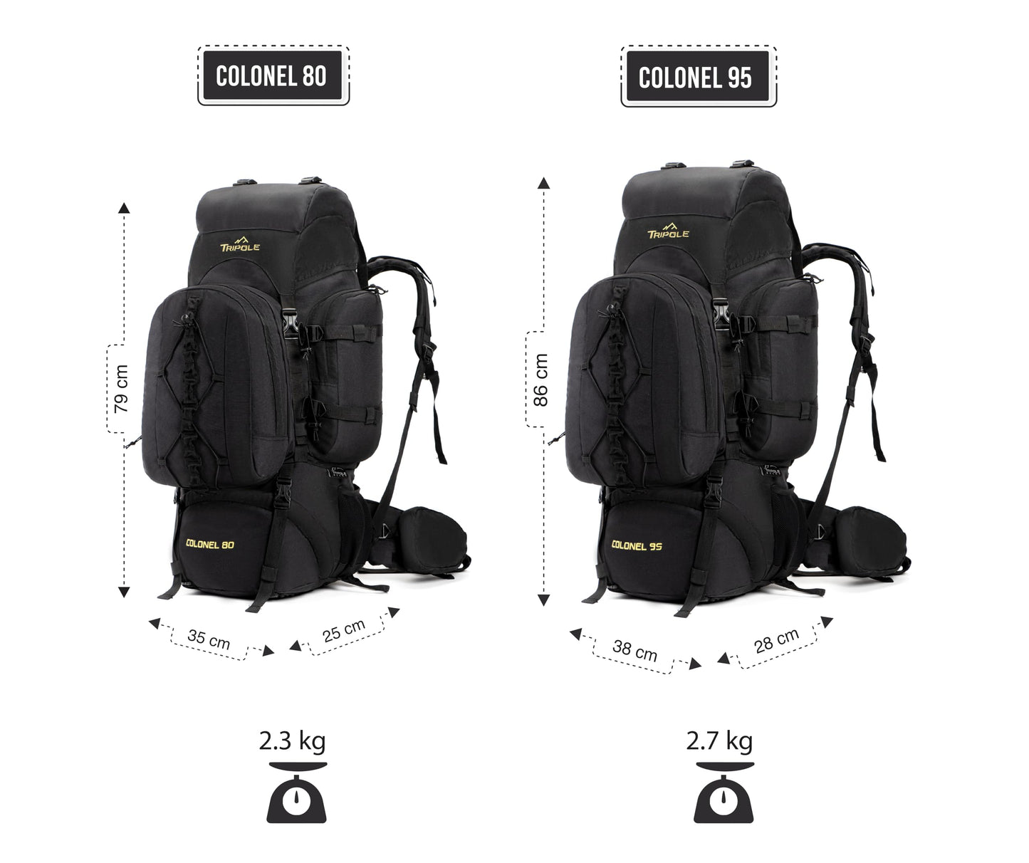 Tripole backpack Colonel 95 liters with detachable daypack - hiking, trekking, traveling, camping, waterproof, with breathable back panel, black.