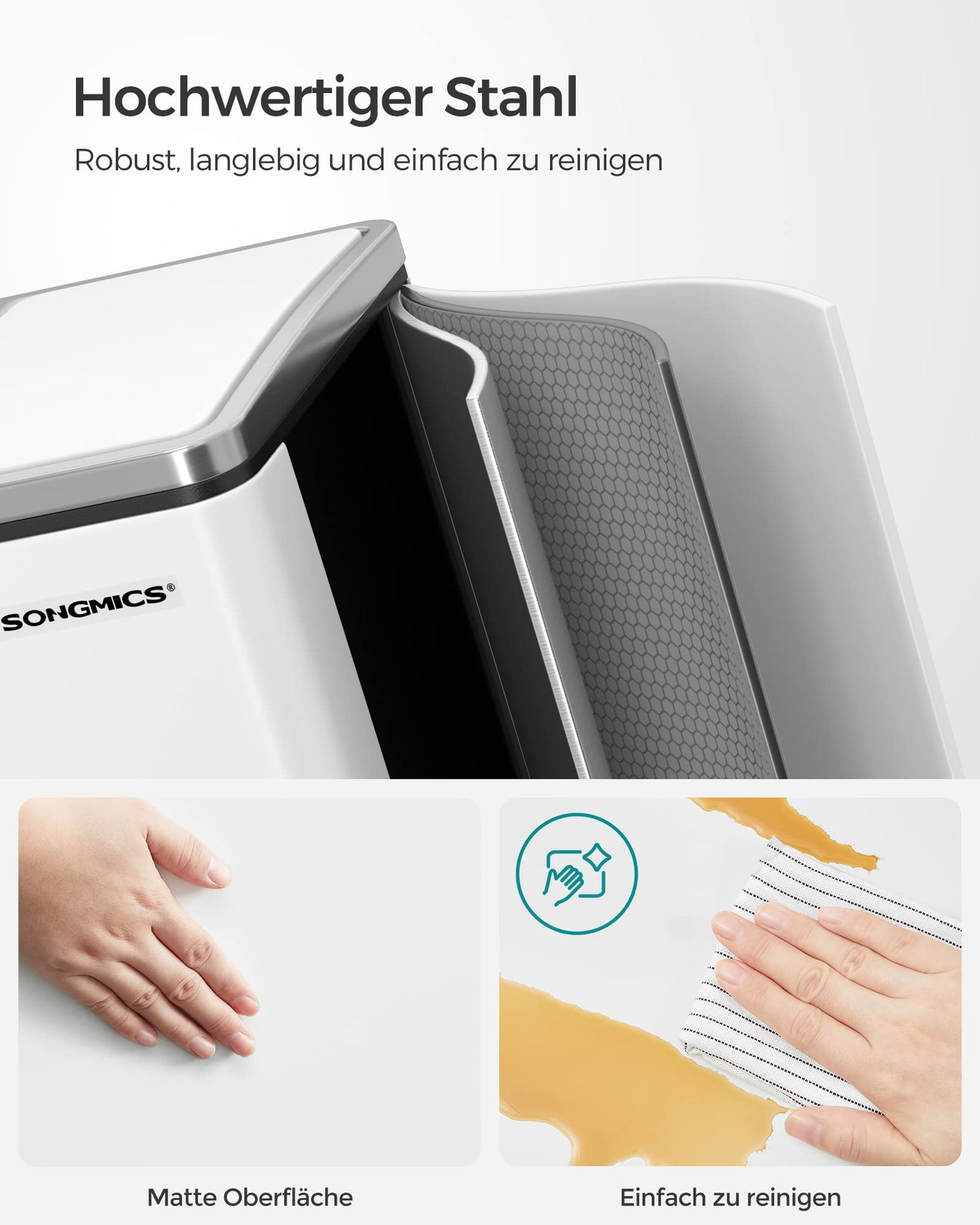 SONGMICS Kitchen Trash Cans, 2 x 15 liters, Waste Separation System 2 compartments, including 15 garbage bags, Trash can, Pedal bin, recyclable waste, organic waste, Soft-close lid, cloud white LTB30WT