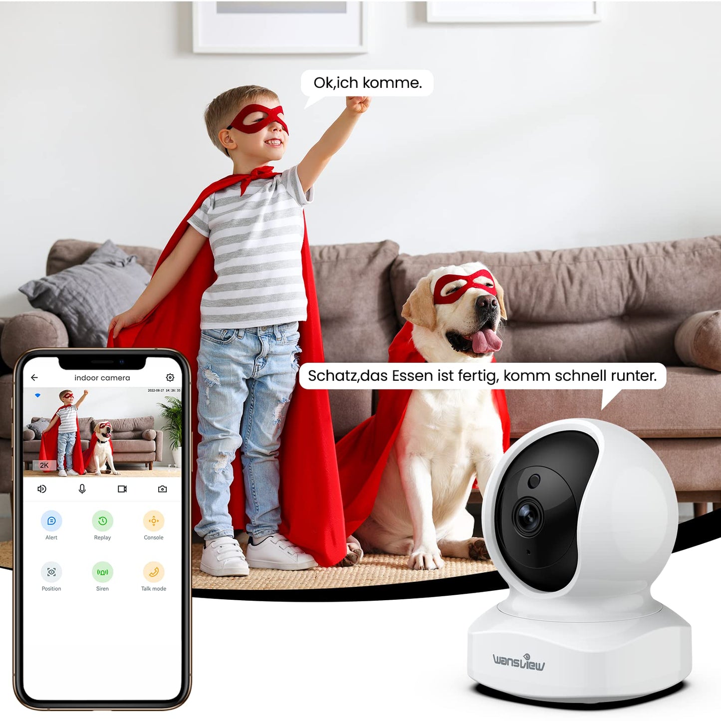wansview 2K Indoor Surveillance Camera - WiFi IP Camera, 2.4GHz WLAN Camera for Indoor use, Indoor WiFi Camera with 2-way audio, Night Vision for Indoor Camera with motion detection, Q5 White