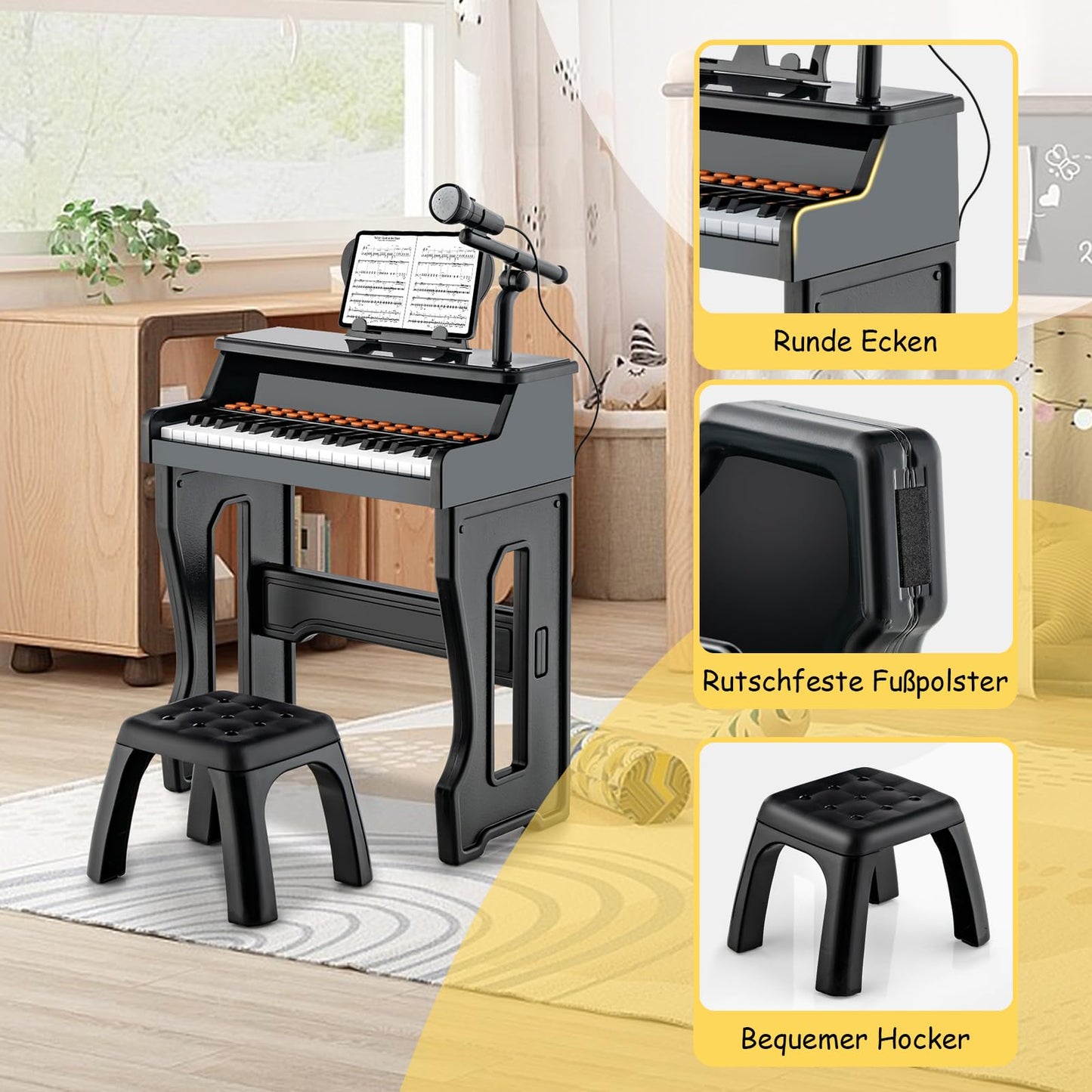COSTWAY 37-Key Kids Keyboard, electronic child piano with stool, adjustable microphone & music stand, kids piano keyboard for children aged 3 and up (Black)
