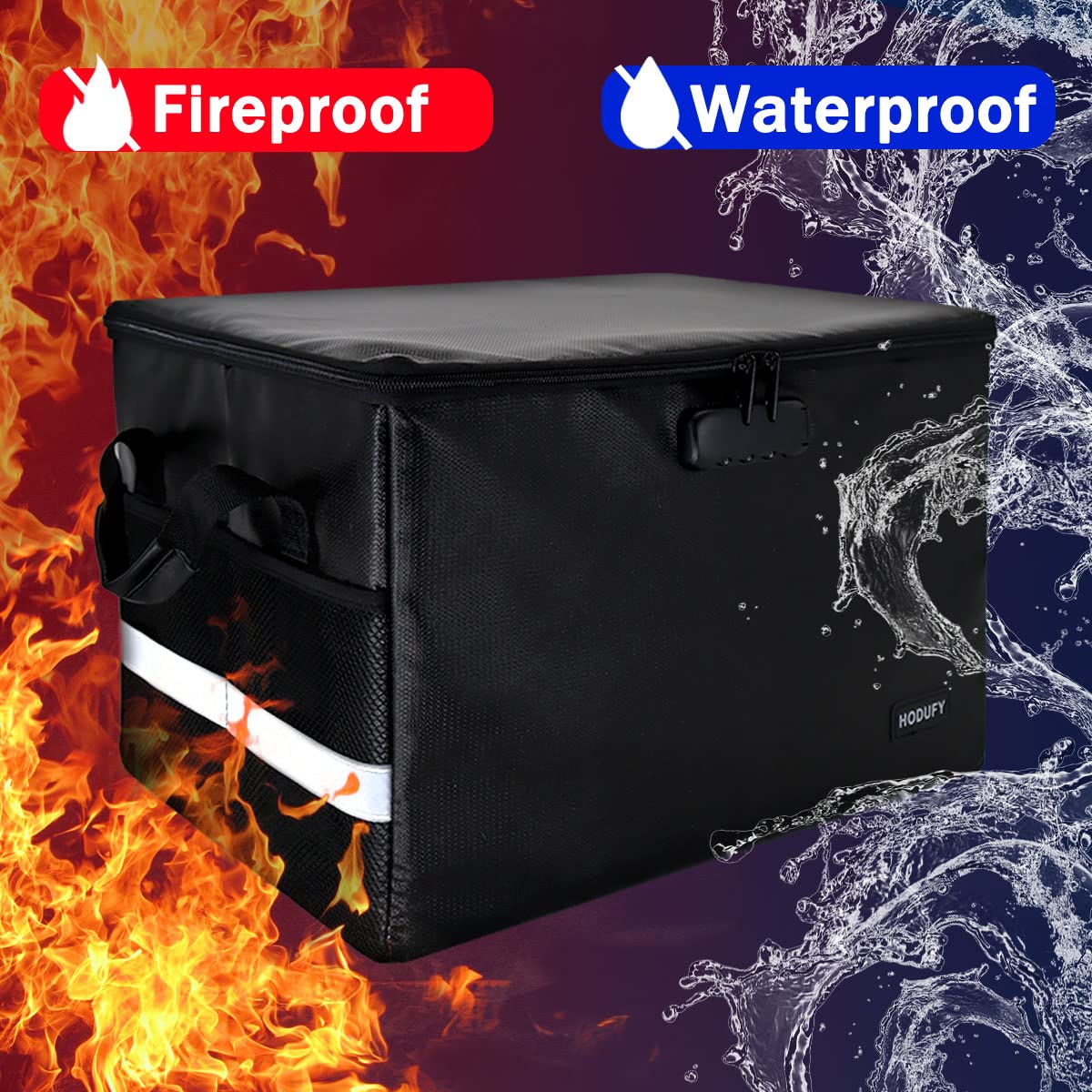 Hodufy Large Fireproof Money Box, Waterproof and Fireproof Document Box with Combination Lock and Reflective Strips, Foldable Fireproof Storage Box for Organizing Document Bag/Hanging File.