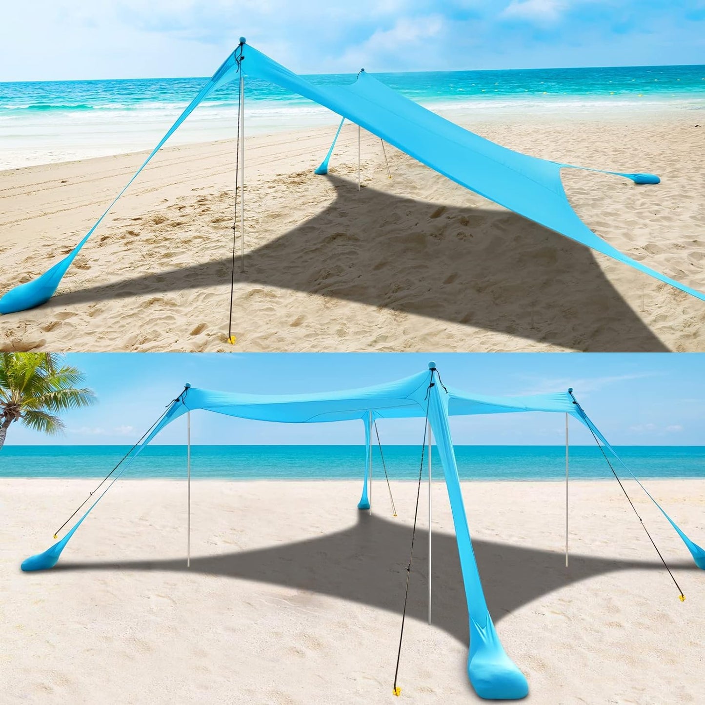 The COMMOUDS sun shade 3M x 3M, UPF50+ beach tent with 4 aluminum poles and sandbags for 6-8 people provides portable sun protection. Easy setup for picnics, outdoor fishing.