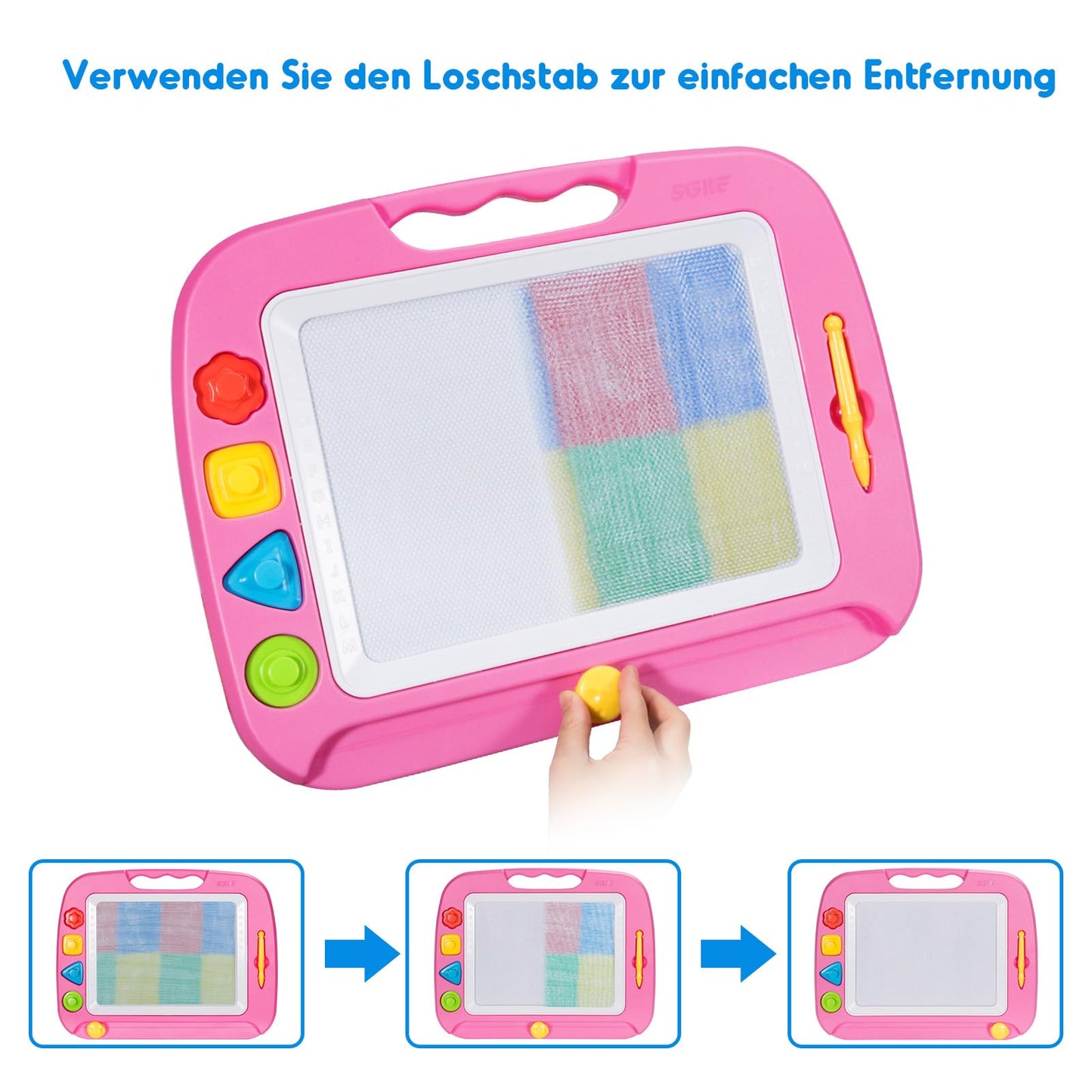 SGILE Large Magnetic Drawing Board Magic Doodle Board, 42x32cm Sketch Pad Magic Drawing Board Painting Board with 4 Shape Stamps for Kids Ages 3+ Gift, Pink