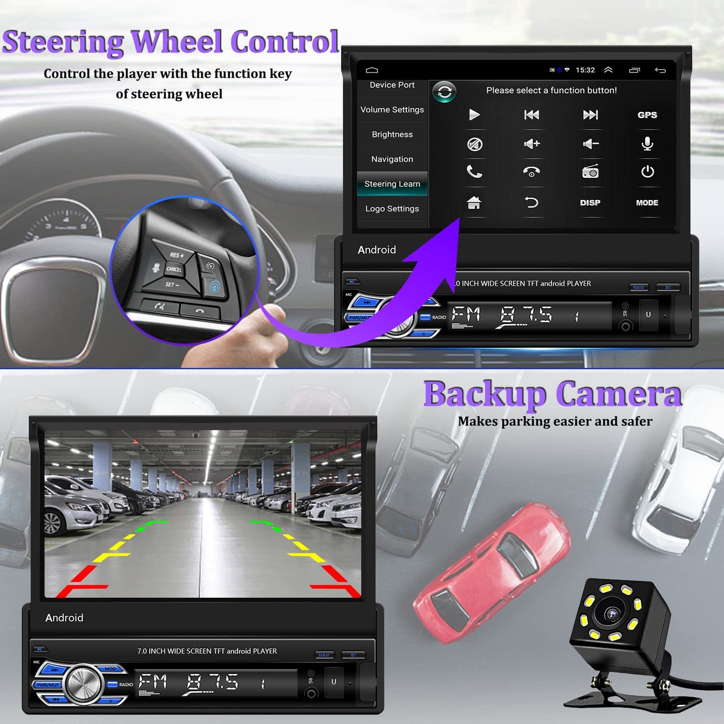 CAMECHO DAB+ Android car stereo 1 Din with navigation, 7 inch retractable screen with Bluetooth hands-free calling Mirror-Link AUX-in FM USB+backup camera & microphone