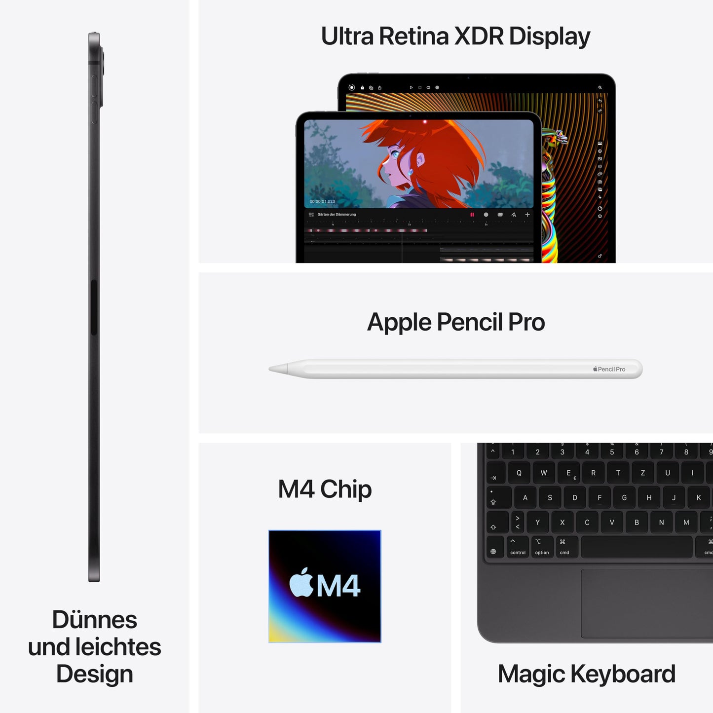 Apple 13" iPad Pro (M4): Ultra Retina XDR Display, 256GB, 12MP Front/12MP Rear Camera, LiDAR Scanner, WiFi 6E, Face ID, all-day battery, standard glass – Space Black.