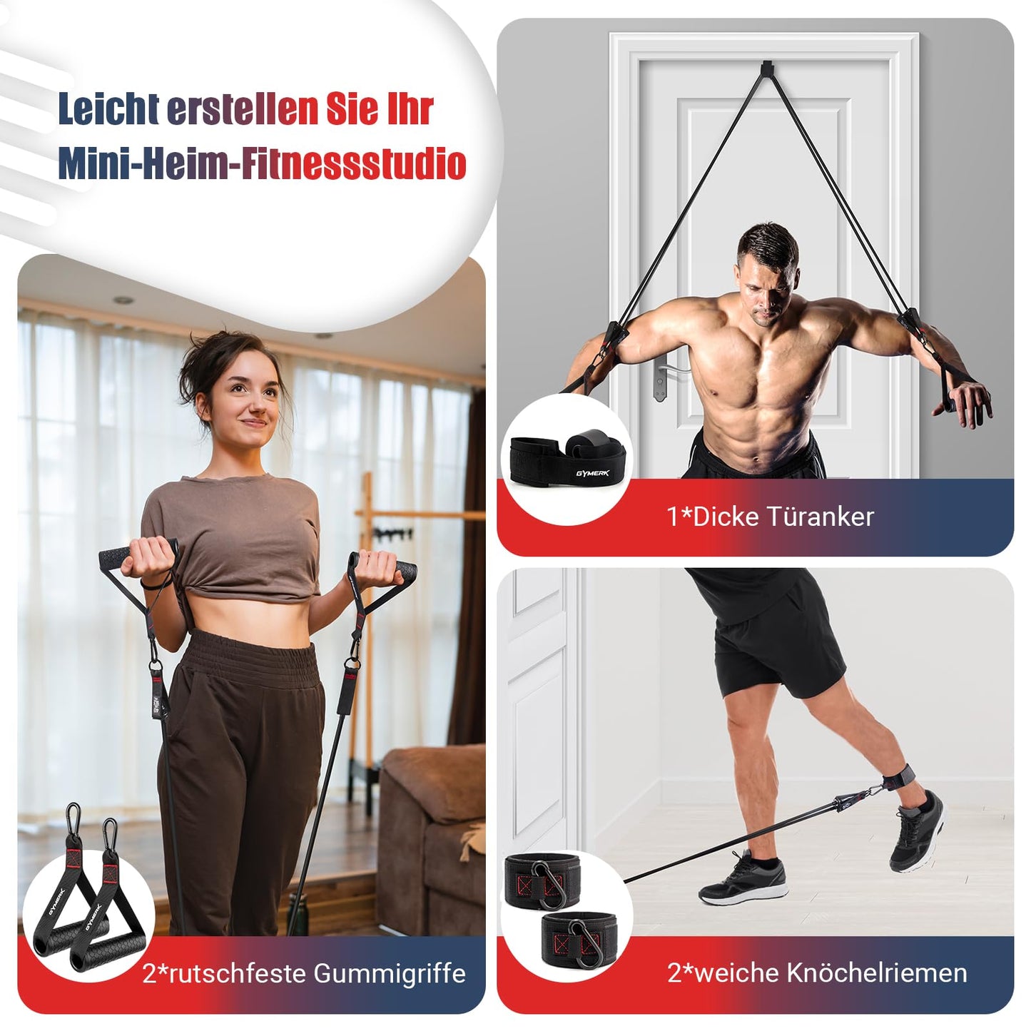 GYMERK Resistance Bands Set, Expander Fitness with Rubber Handles, Training Poster, Ankle Straps, Door Anchor, Carry Bag, 5 Different Resistance Levels. Ideal for Strength Training.