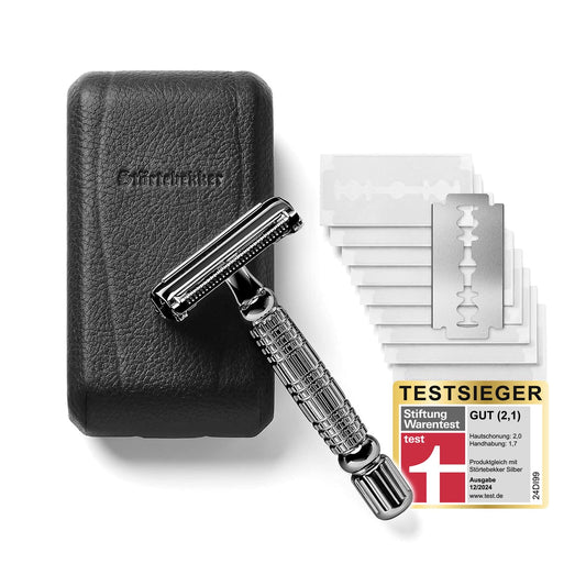 Störtebekker® Premium safety razor set for men in handcrafted leather case - shaving kit with shaving brush, stainless steel shaving bowl, shaving soap, alum stone, and razor blades - men's beard care set