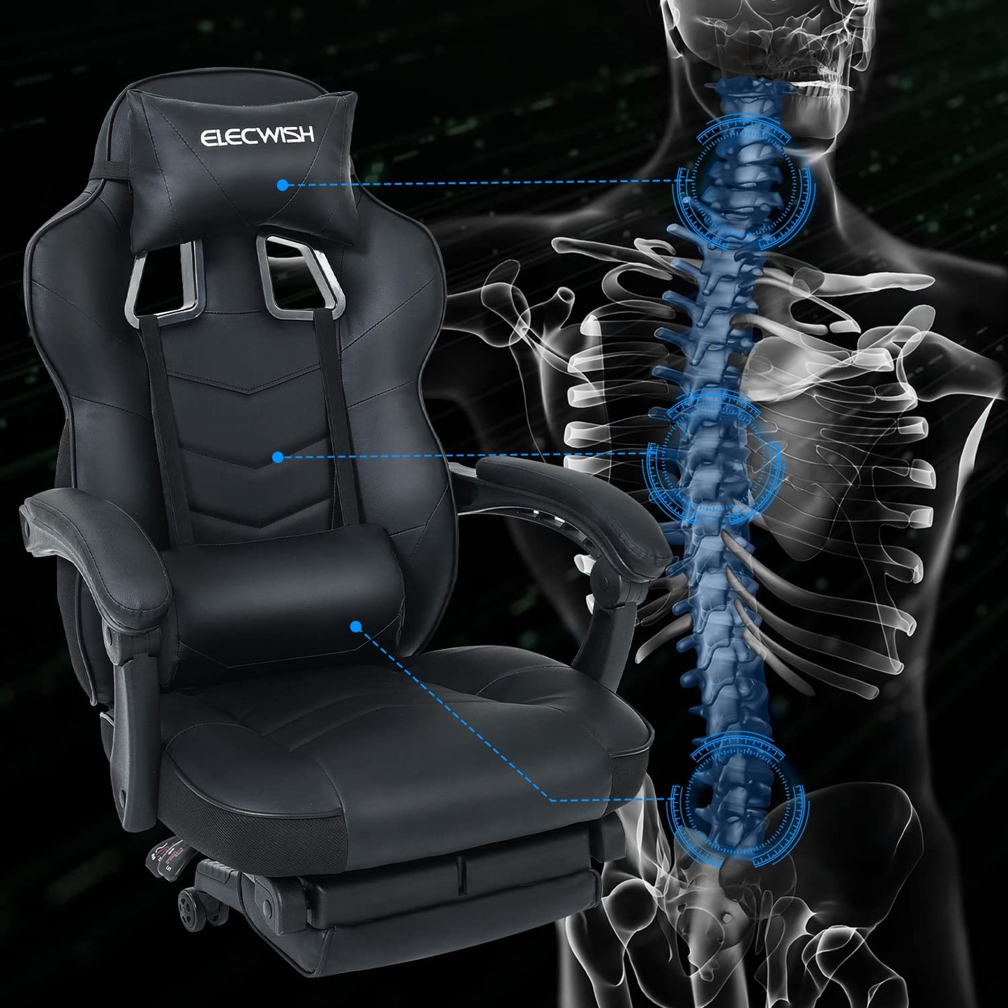 Puluomis Gaming Chair, Office Chair with Footrest, Racing Gaming Chair, PC Chair, Swivel Height Adjustable, 90-150° Backrest Adjustable, Removable Headrest, Lumbar Pillow, Ergonomic, Black