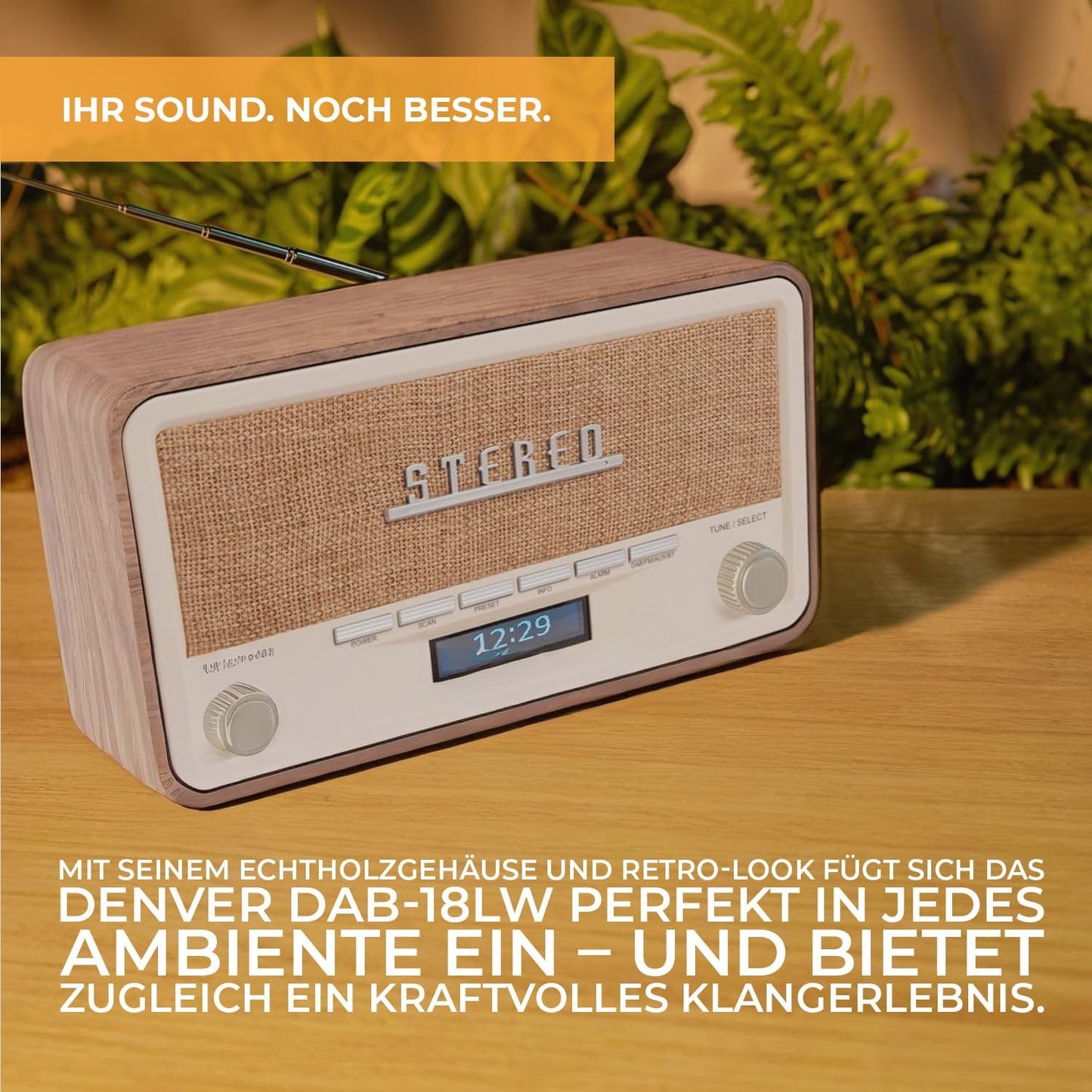 Denver Retro DAB-18 Digital radio | DAB Plus radio with Bluetooth & FM | 2x20W stereo speakers | Small radio with power plug | Kitchen radio with good sound | LCD display & alarm function