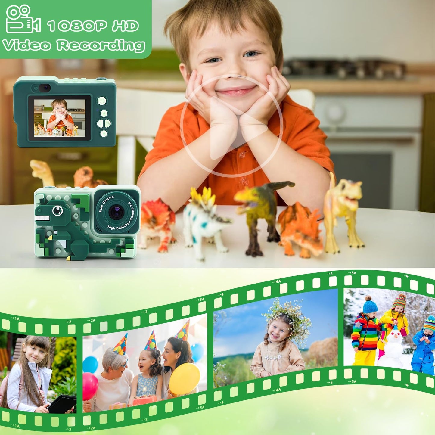 Children's camera, camera for kids, back to school birthday gifts for boys 3 4 5 6 8 7 9 10 11 12 years old, 32GB 1080P HD digital camera, boys' camera, camera dinosaur kids toy.