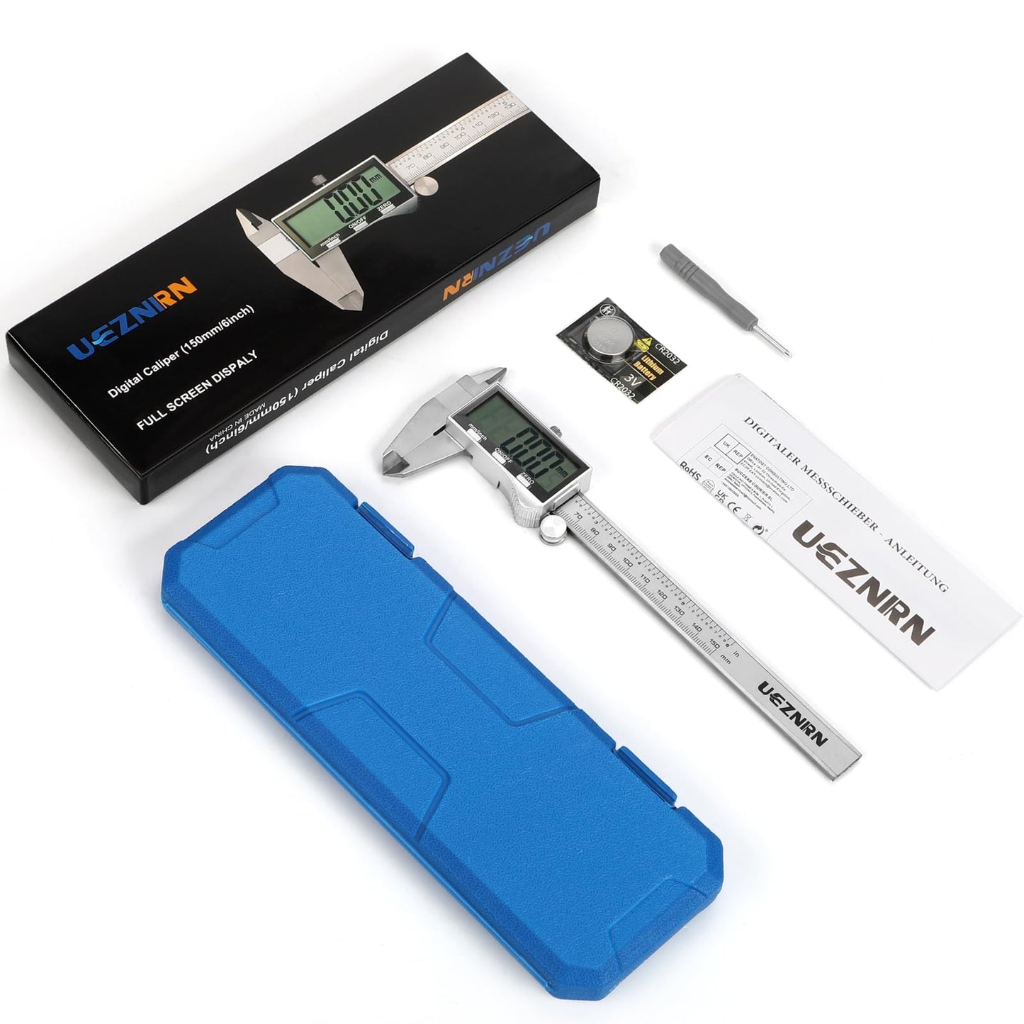Digital caliper with large LCD screen, digital caliper with splash and dust protection, caliper with spare battery and storage box (silver)