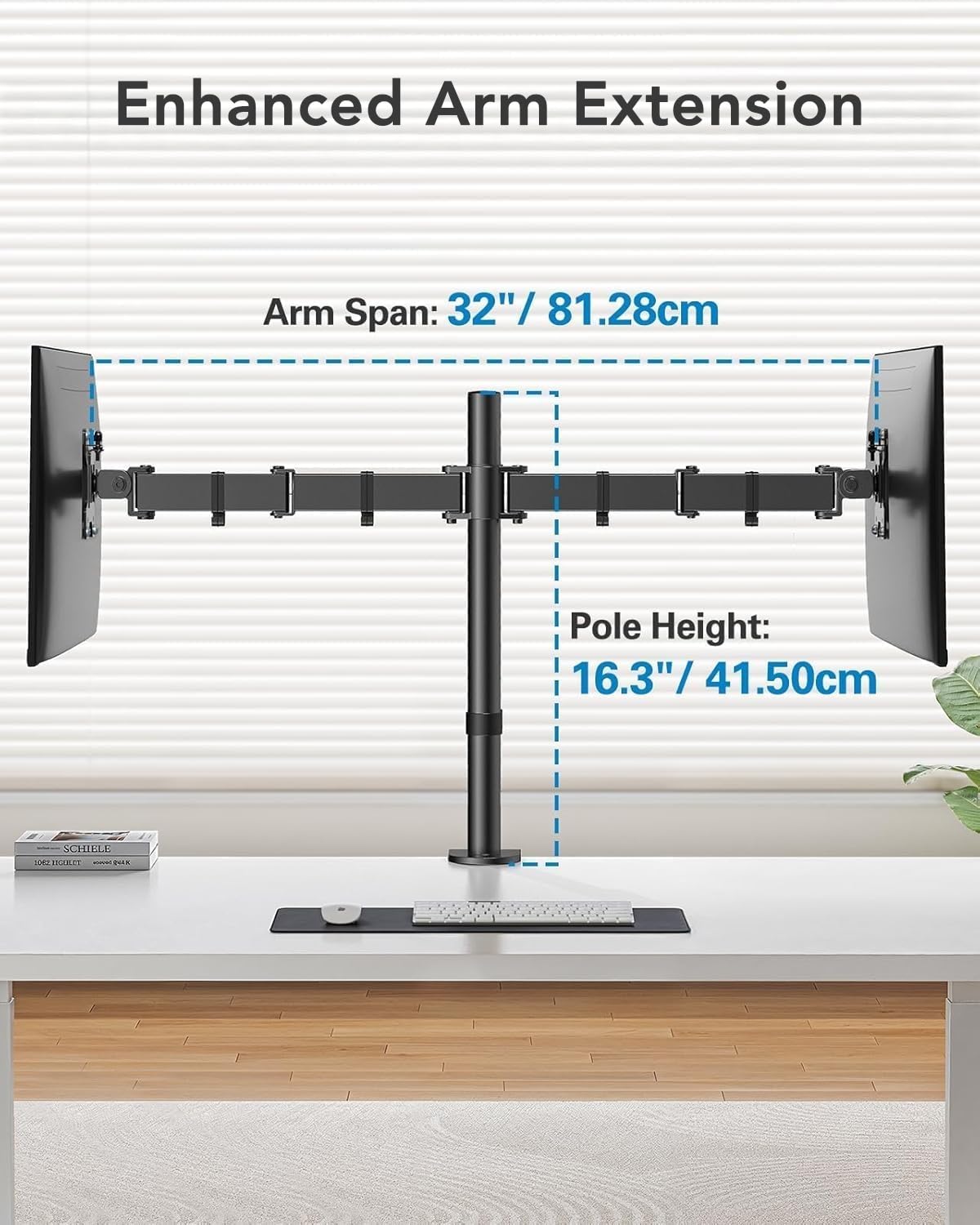 HUANUO dual monitor stand for 13 to 32 inch screens, height adjustable, tilt, swivel, rotate, extended arm for two monitors, VESA 75/100.