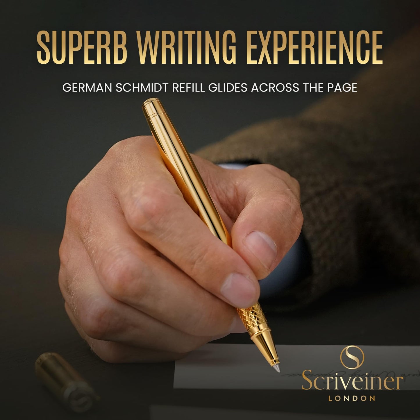 Scrivener Rollerball pen High-quality rollerball pen with real gold plating, black Schmidt replacement refill, gift box, office set, Beautiful Professional (Gold)