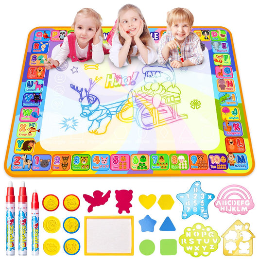 Aqua Magic Doodle Mat - Water Drawing Mat 100 * 70cm Kids, Large Magic Drawing Mat with Water Book, 4 Magic Pens, 8 Stamp Set Toy for 2 3 4 5 Year Old Girls Boys Gift