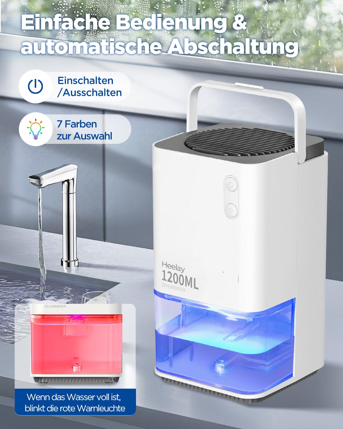 Heelay® Dehumidifier, 1200ML Small Energy Efficient Electric Dehumidifier, Portable, Ultra Quiet, Auto Shut-Off, 7 Color Light, Room Dehumidifier for Bedroom, Bathroom, Home.