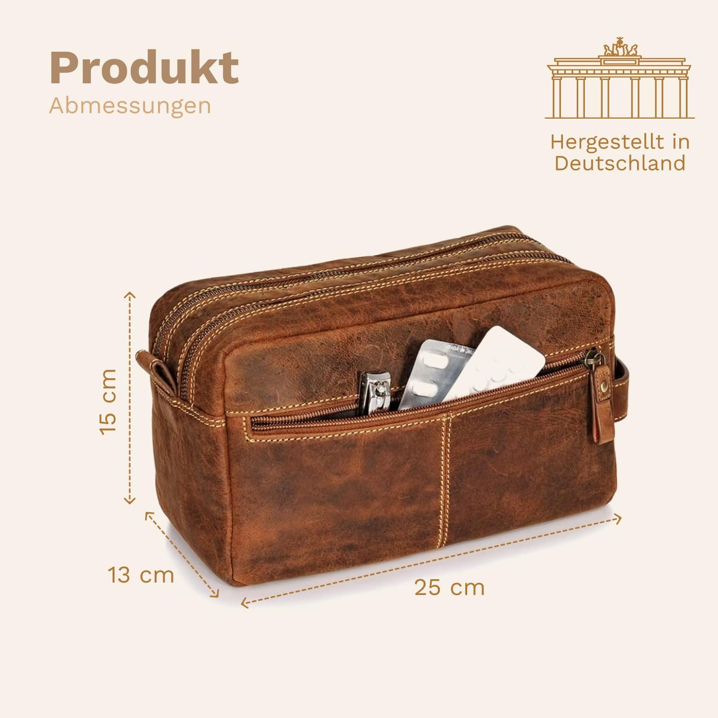 DONBOLSO Culture Bag Stockholm - Leather Cosmetic Bag for Women and Men - Genuine Leather Travel Toiletry Bag and Bath Bag - Practical Makeup Bag with plenty of storage space - Vintage Brown, 15x13x25 cm