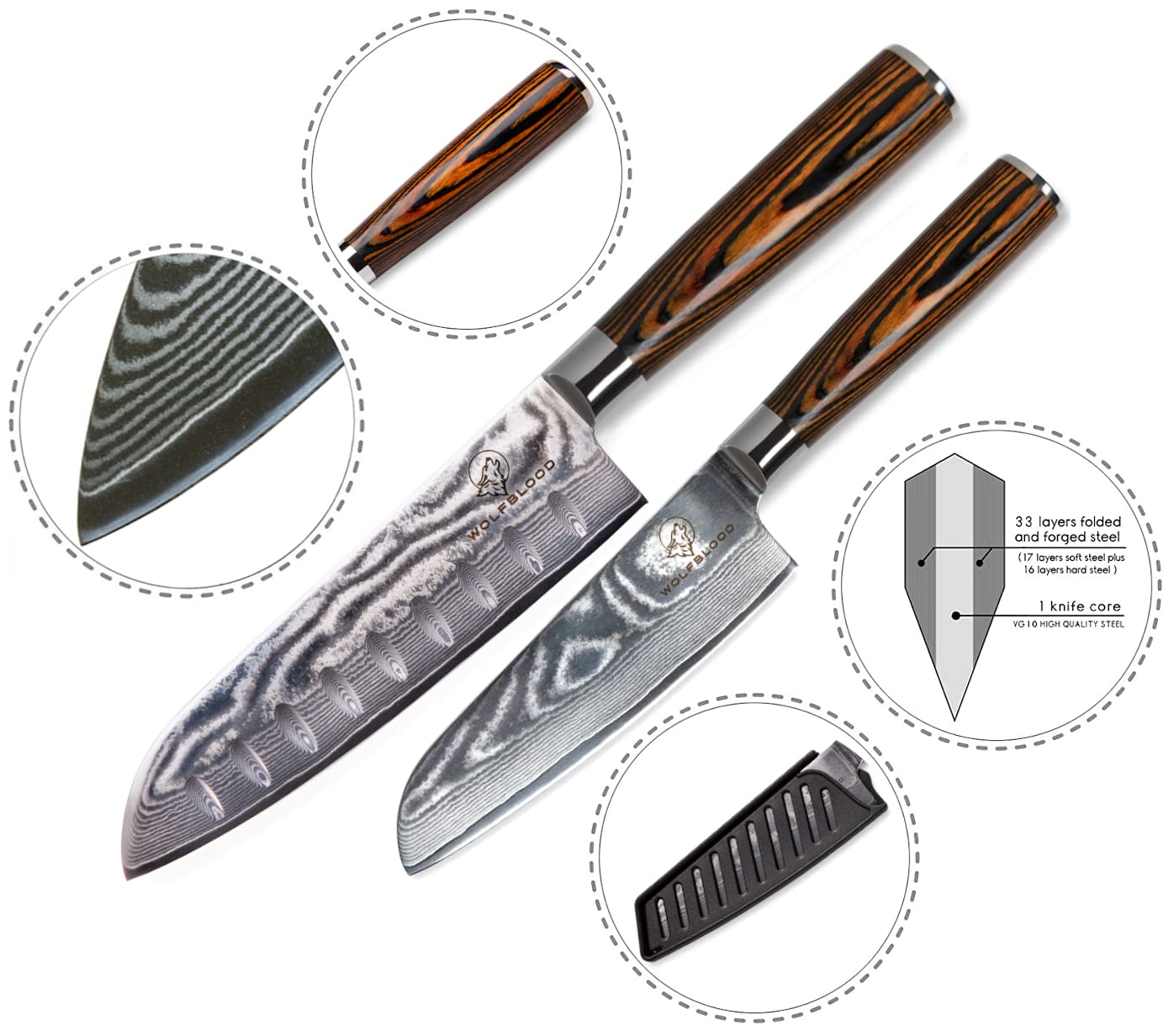 Wolfblood 2-piece Damascus Knife Set (30cm and 24cm) Professional Santoku Damascus Kitchen Knife made of genuine 67-layer Damascus steel. Santoku Damascus Knife Set with wooden handle, gift box & blade cover.