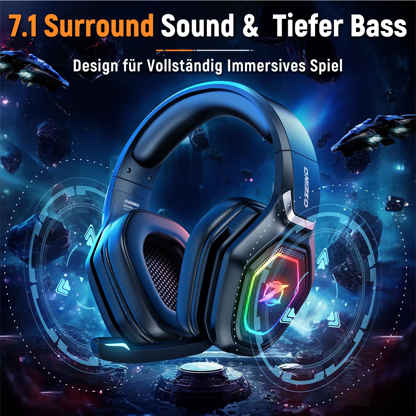Ocean Wireless Gaming Headset with Microphone, 2.4G & Type-C Transmitter, 30 hour battery life, RGB lighting Gaming Headphones for PS5, PS4, PC, Phone