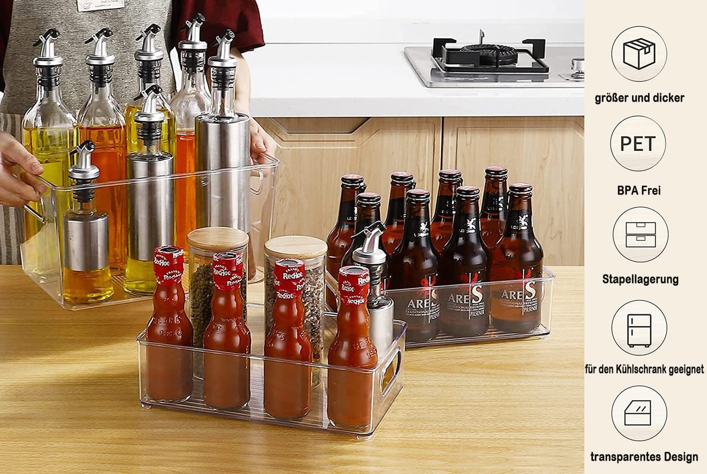 Refrigerator Organizer 6-Pack (4 Large/2 Medium), Pantry Storage Containers with Handles, High-Quality Transparent Storage Box Organizer, Ideal for Kitchen, Refrigerator, Office Supplies, Cabinets - BPA Free