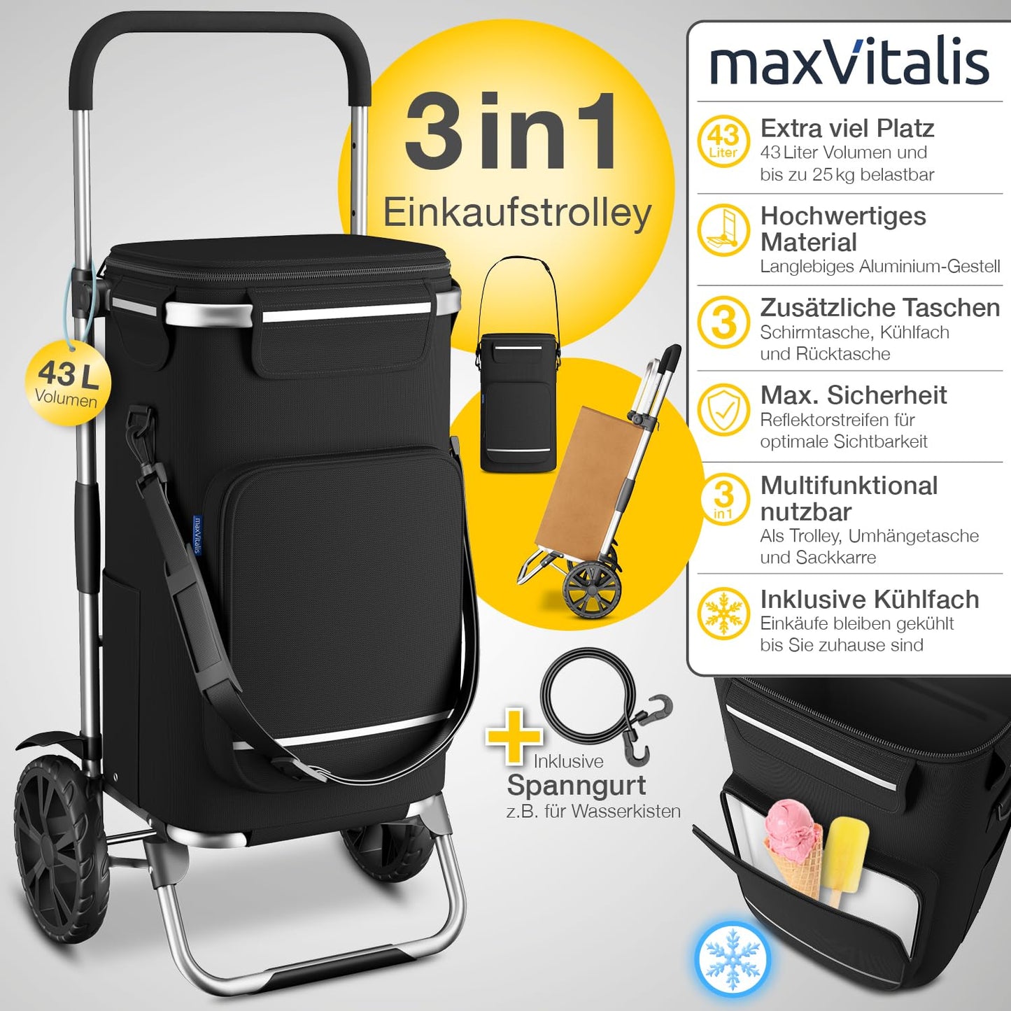 ELONEO Folding shopping trolley with cooler bag, 3-in-1 trolley, hand truck & shoulder bag, shopping cart, 43L capacity & strap, black shopping trolley.